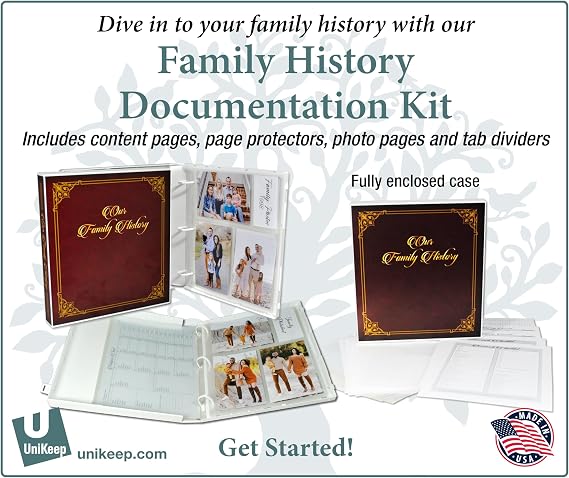 UniKeep Family History Organizer & Genealogy Binder Kit - Includes Pedigree Charts, Group Record Sheets, Research Checklists, and Archival Photo Protectors - Fully Enclosed Ancestry Record Book
