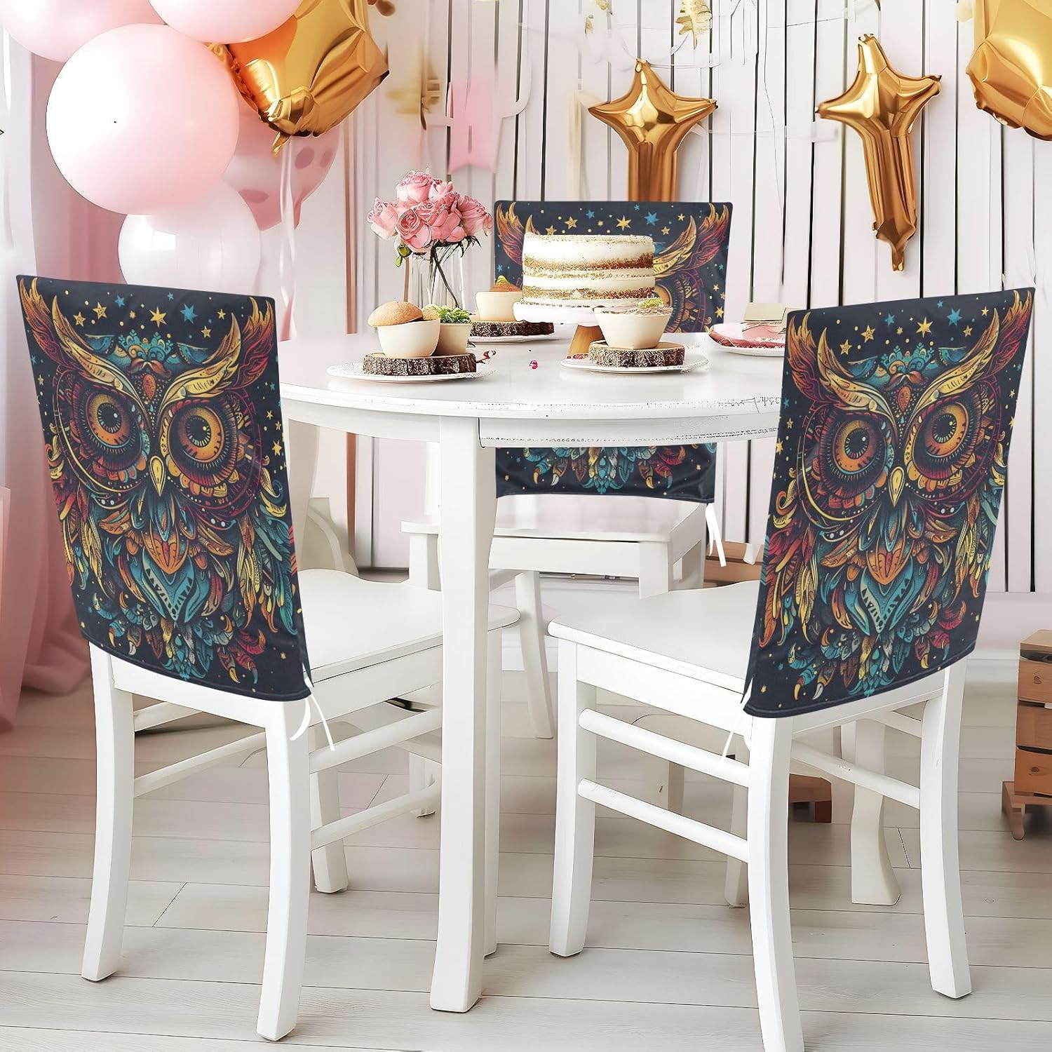 ALAZA Boho Owl Stars Chair Back Cover Set of 6, Washable Reusable Removable Chair Slipcovers Decorative Chair Cover for Home Kitchen Wedding Party