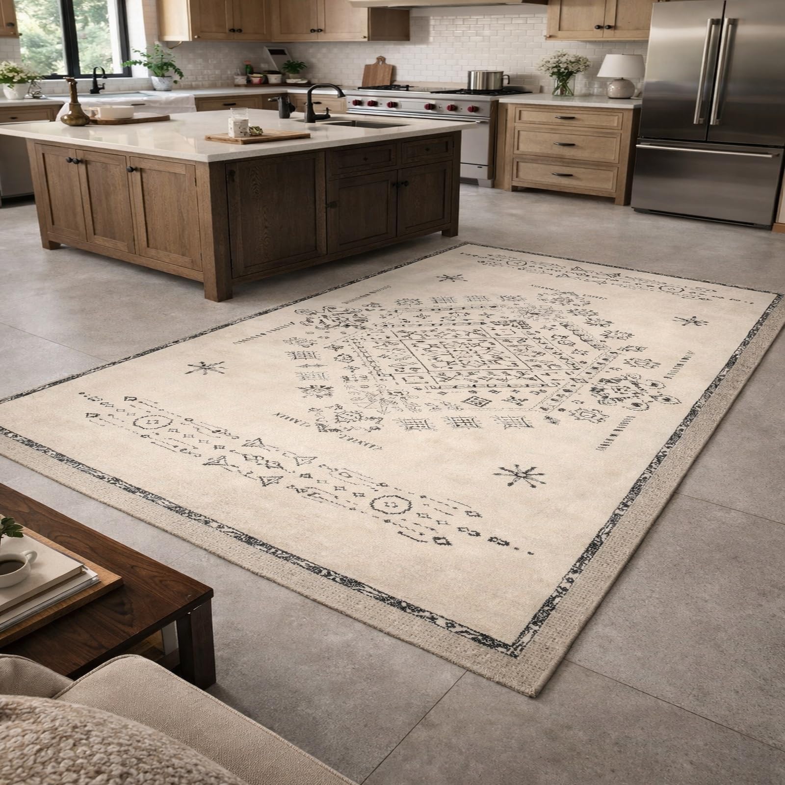 Tapis beige noir géométrique 140x160 salon moderne poil ras