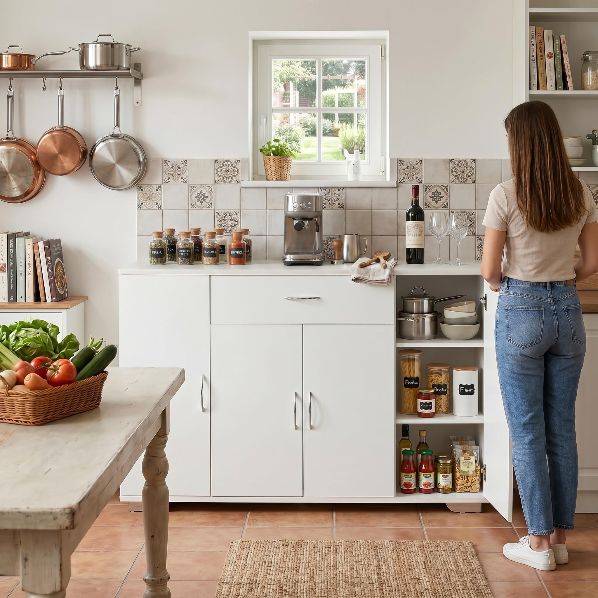 Küchenunterschrank mit Schublade und Türen, Moderner Küchenschrank Unterschrank Stauraum Schrank Sideboard Mehrzweckschrank Küchenmöbel Aufbewahrungsschrank für Küche/Esszimmer/110x30x70CM/Weiß