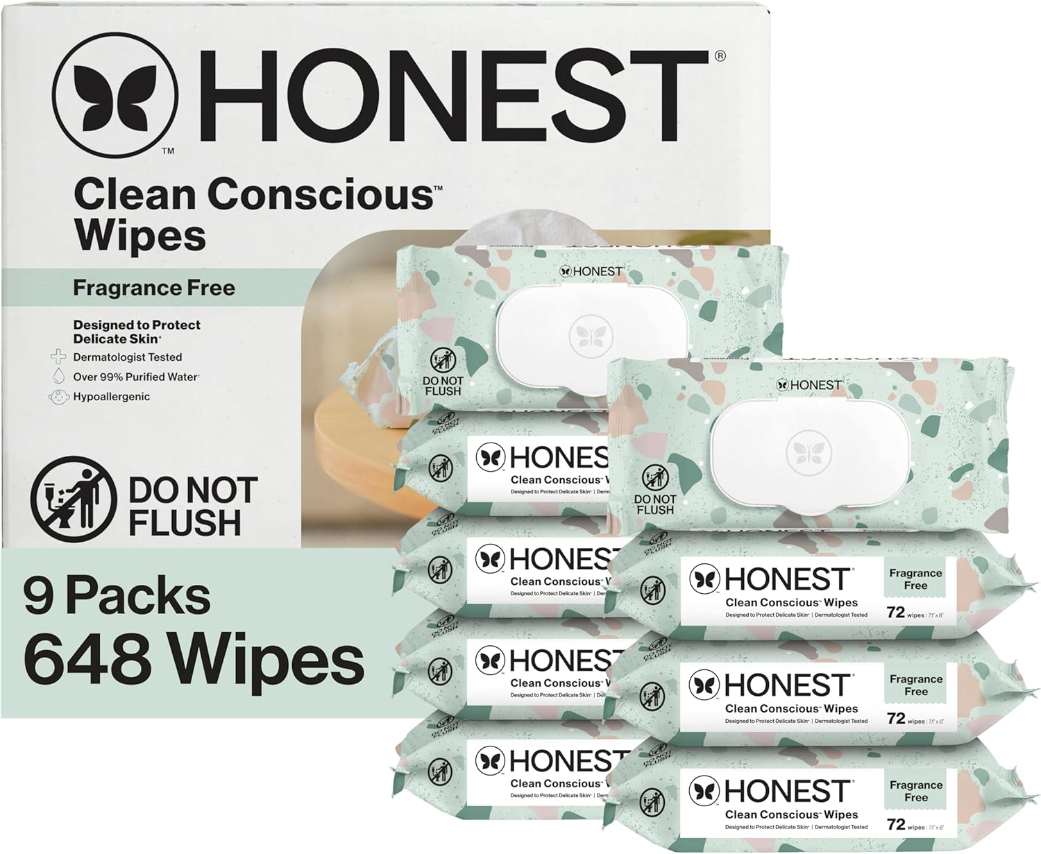The Honest Company Unscented Wipes Over 99% Water Compostable Plant-Based Baby Hypoallergenic for Sensitive Skin EWG Verified Geo Mood 648 Count