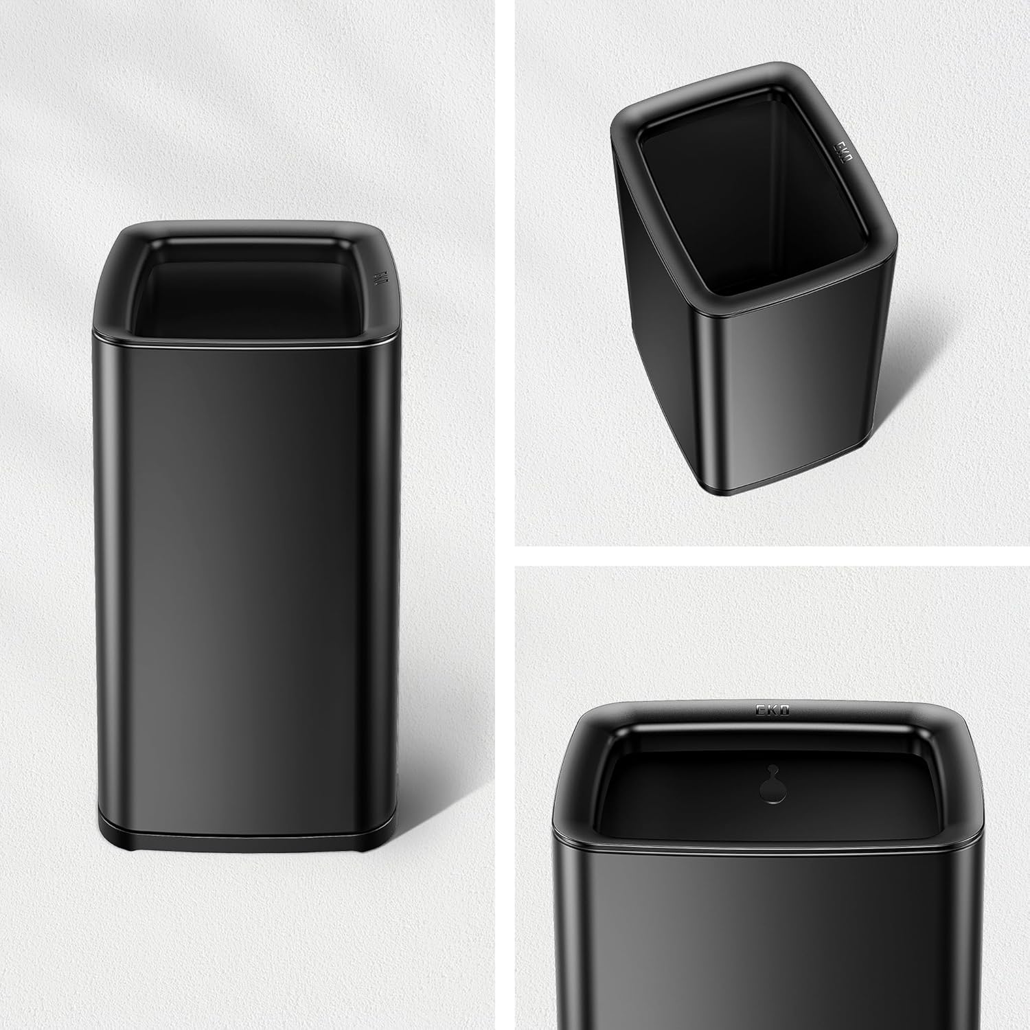 EKO Laguna 2.6 Gallon/10L Matte Black Stainless Steel Open Top Trash Can with Removable Inner Basket - Modern Bathroom & Office Waste Bin