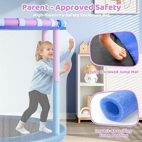 Miniatura 4 de Trampolín de 55 pulgadas para niños con recinto, cama elástica 6 en 1 para interiores y exteriores, tubo antioxidante completo mejorado con barras