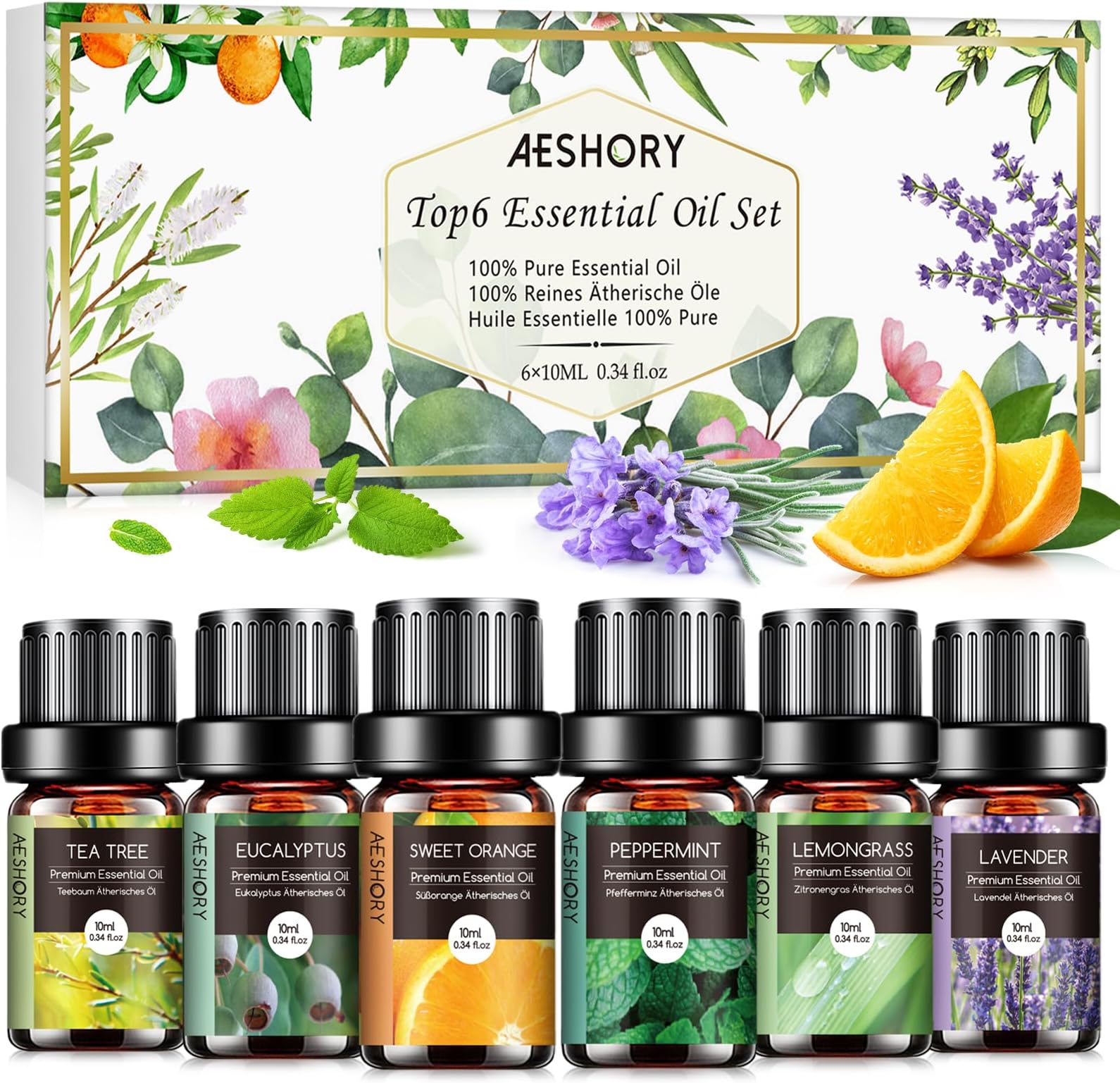 Aeshory 6 x 10ml Essential Oils Set 100% Pure Aromatherapy Essential Oil for Diffusers for Home, Candle Scents, Soap Making - Lemon, Lavender, Tea Tree, Eucalyptus, Orange, Peppermint
