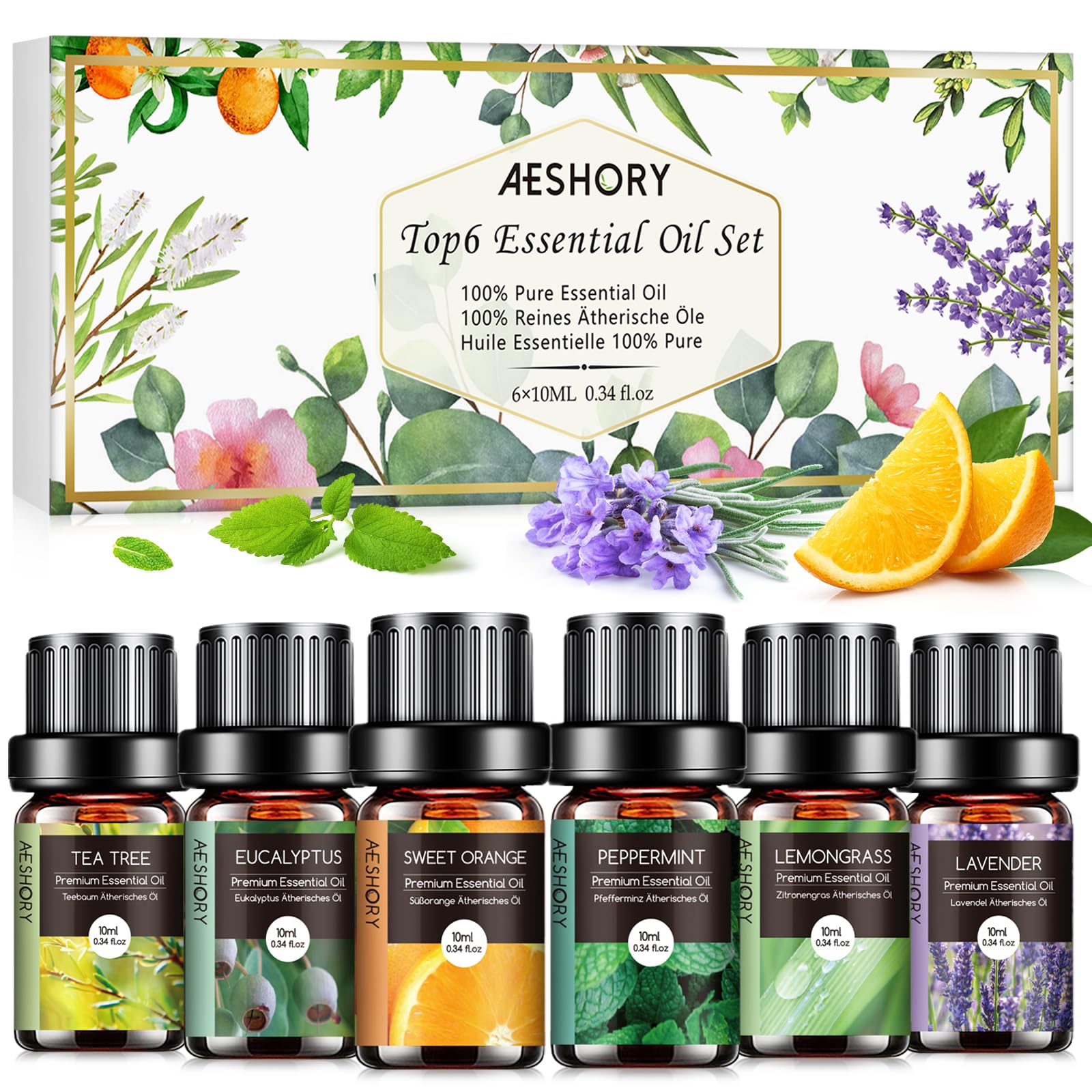 AESHORY Set di Oli Essenziali per Diffusori 6 x 10ML, 100% Puri Naturali Olio Essenziale Profumate per Aromaterapia, SPA, Massaggio - Lavanda, Tea Tree, Menta Piperita, Eucalipto, Arancia Dolce