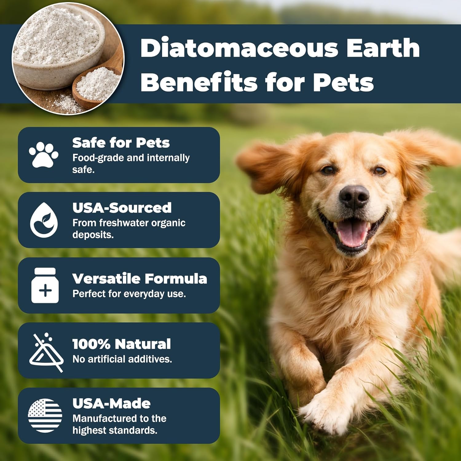 Diatomaceous Earth for Dogs – Natural Powder for Flea & Tick Management, Digestive Cleanse & Detox – Safe for Internal & External Use – Chemical-Free Pet Care – 4.23 Oz
