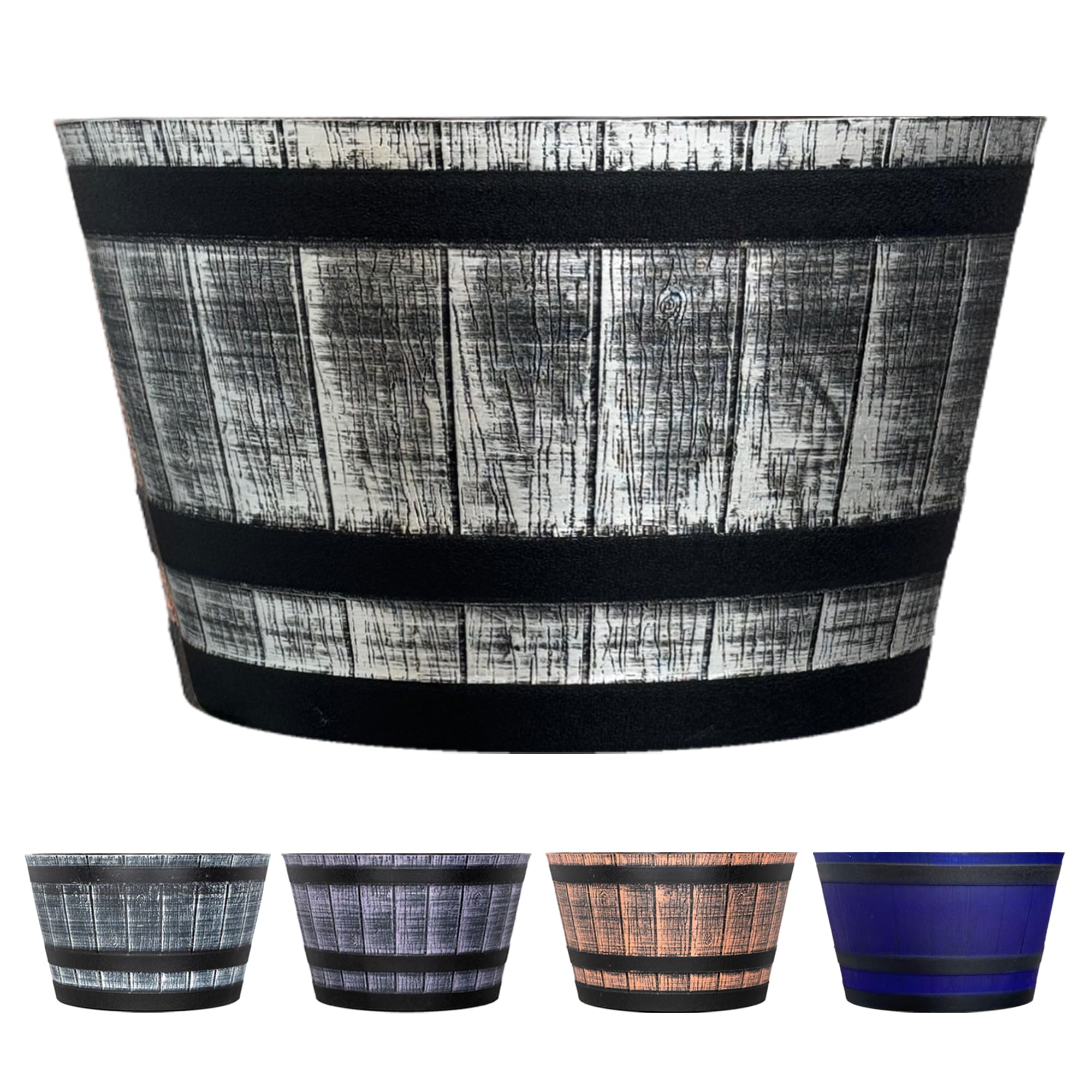 Sg Traders Silver Large Half Barrel Cask Planter, Flower Pots Outdoor Garden Planters, Indoor Plant Pot With Drainage Holes, Plastic, Tan With Black Straps, 40 X 24Cm