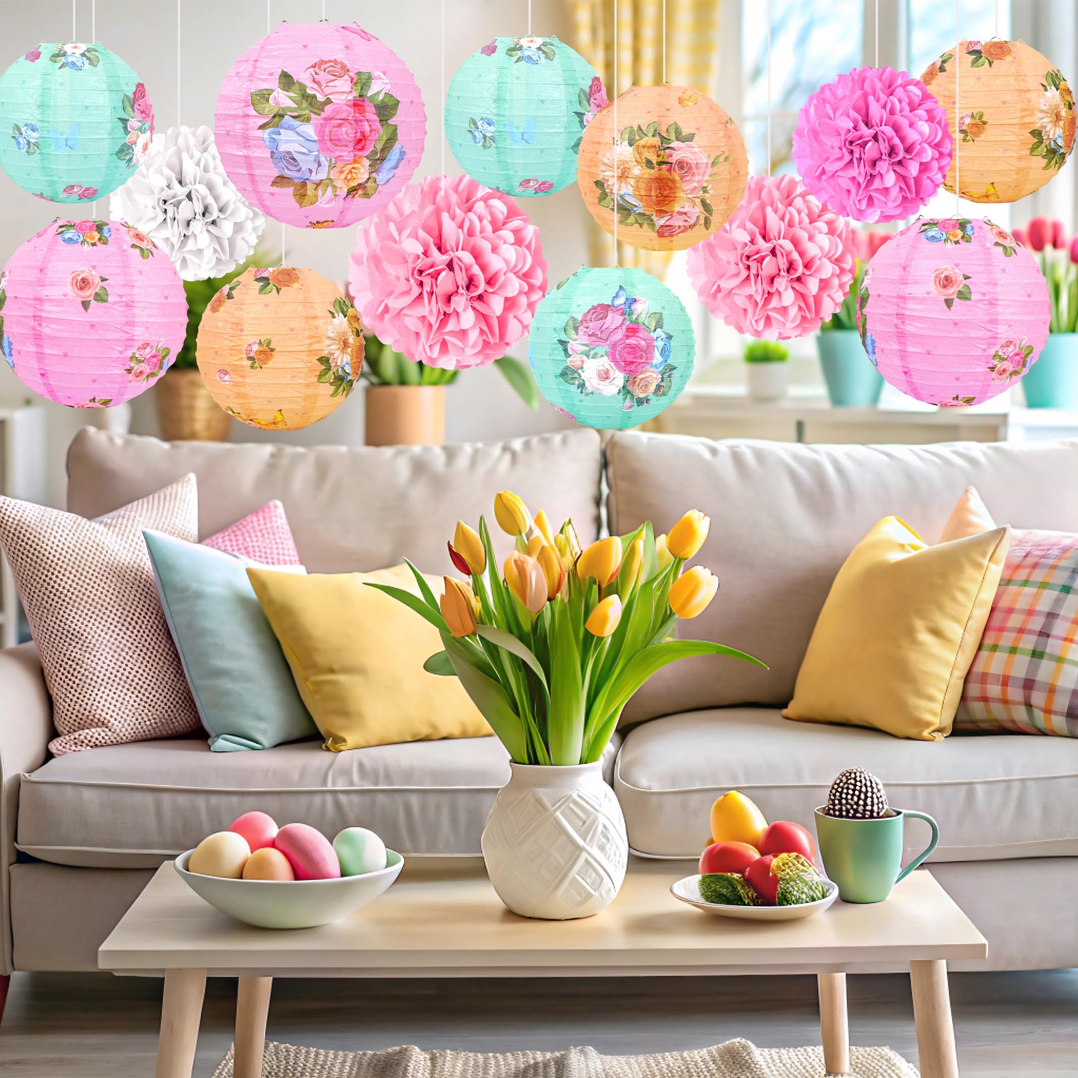 33 piezas de decoración de fiesta de té, faroles de papel, pompones, decoración colgante para jardín y hogar