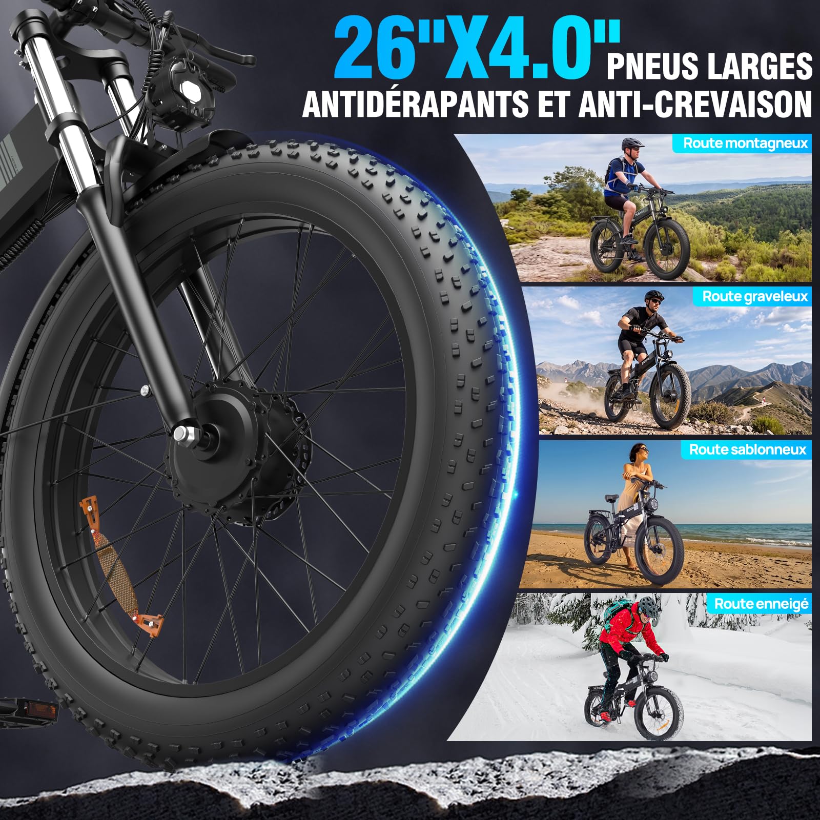 YVY H26 Pro Vélo Électrique Pliable, Autonomie 120km, Batterie Amovible 52V 20Ah, Double Moteur 180Nm, 26" Fat Bike Électrique, VTC 7 Vitesses, E-Bike Double Suspension, Double Disque, Écran LCD