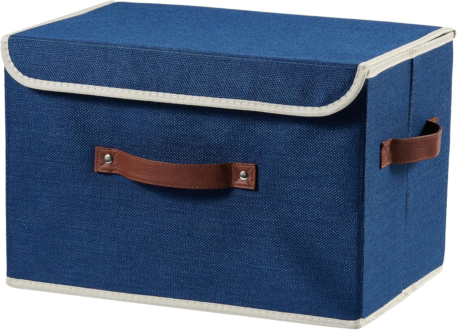 Storage Boxes with Lid Cotton Linen Fabric Storage Bins Organizer Container Decorative Collapsible Washable Shelf Baskets Faux Leather Handles for Home Bedroom Closet (Deep Blue, Large)