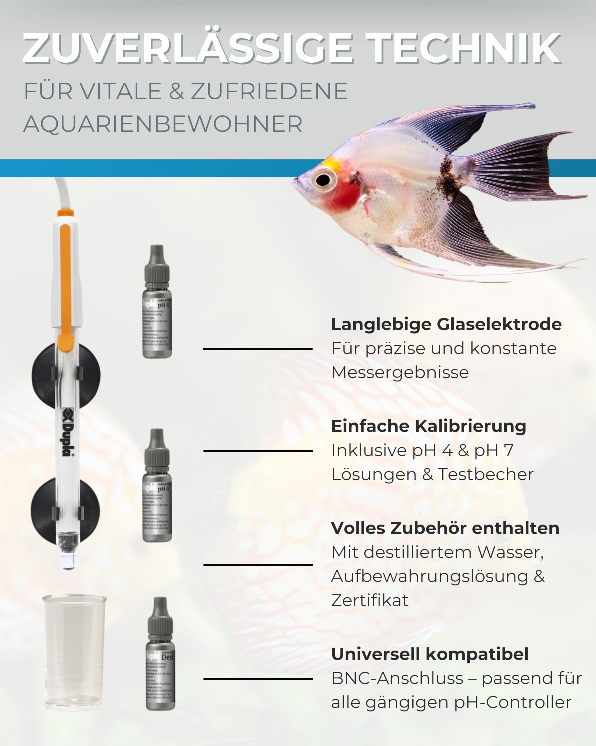 Dupla pH-Elektroden Set 2.0 mit BNC Stecker inklusive Kalibirierlösung pH 4 und pH 7, Dest, sowie Messbecher. Deutsche Gebrauchsanleitung. 1,8m Kabel.