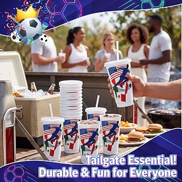 Skylety 24 Pcs Soccer Cups with Lids and Straws, 24 oz Reusable Soccer Party Cups for Gameday, Tailgating, Stadium Events - Sports Bar Bulk Supplies, Fan Souvenirs, Match and Birthday Celebrations