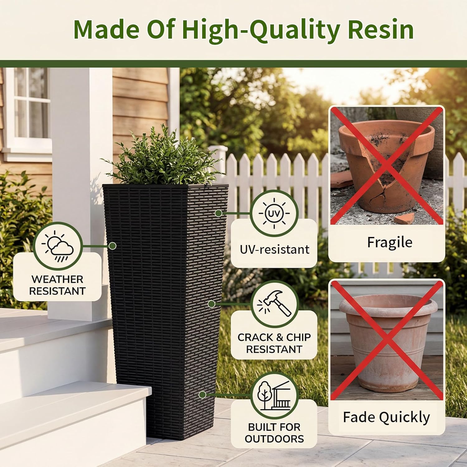EVLIQUIL 32 Inch Tall Resin Planters Set of 2, Rattan Texture Outdoor & Indoor Flower Pots for Large Plants, Detachable Inner Pot with Leak-Proof Layer & Drainage Holes, Black