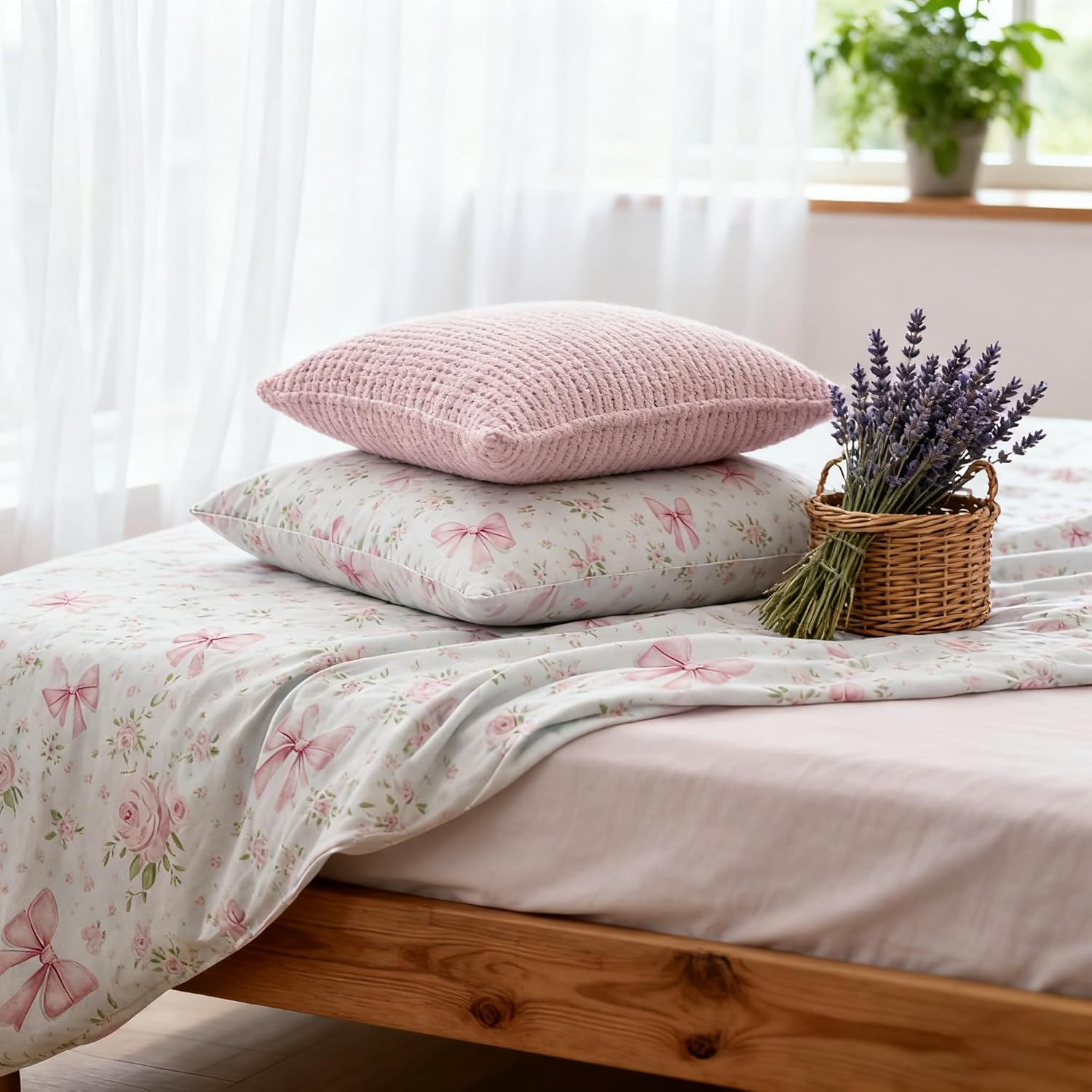 Sedefen Floral Duvet Cover Queen Size Girls Pink Bow Duvet Cover Set Princess Style Bedding Set Ultra Soft Reversible Garden Flower Cute Bowknot Bedding Set 3Pcs