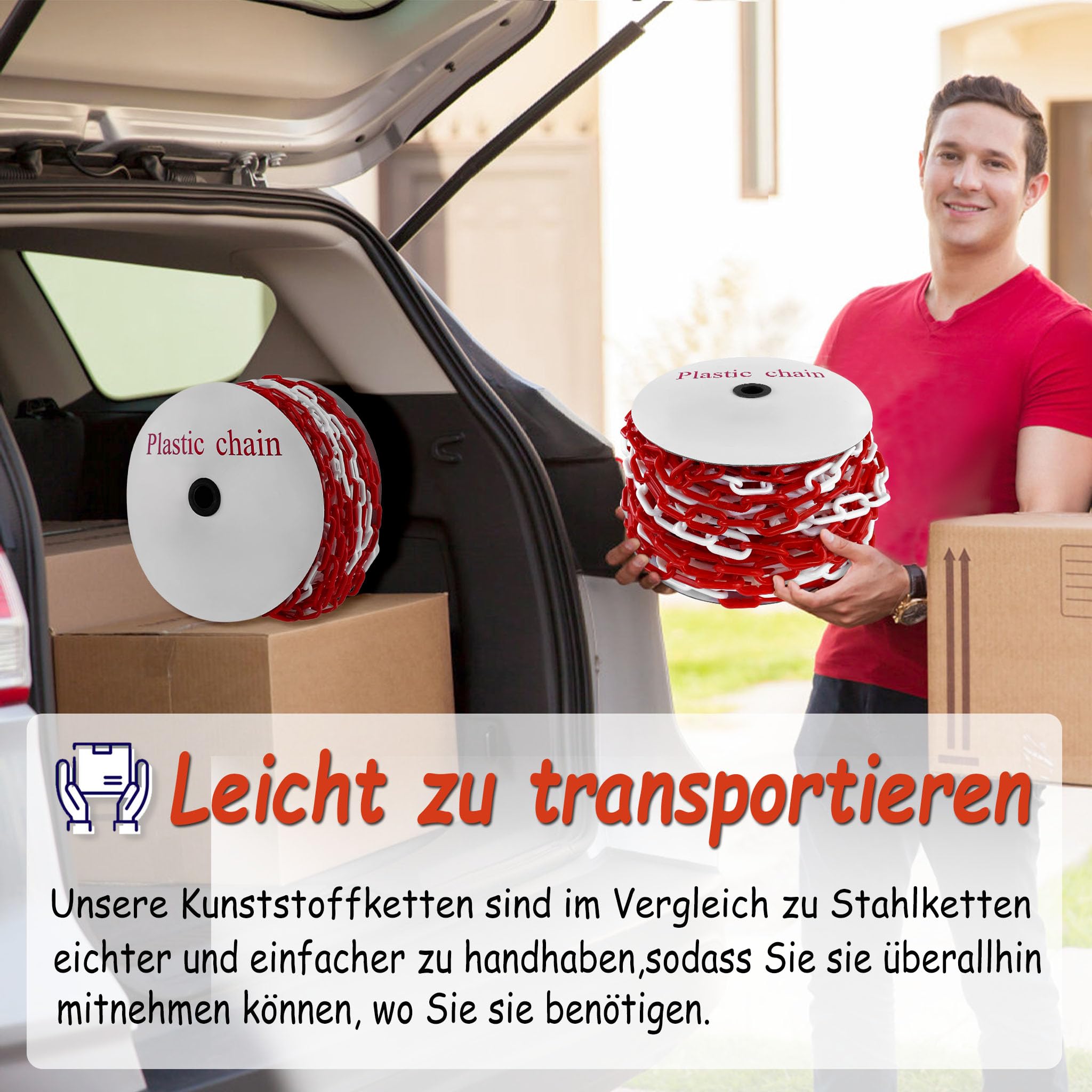 YRHome Chaîne en plastique rouge et blanc 50 m - Chaîne de signalisation en métal - 6 mm d'épaisseur - Chaîne en acier rond - Chaîne de sécurité pour chantier