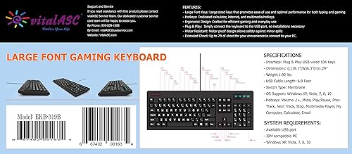 Miniatura 8 de Impresión grande de 104 teclas USB con cable de 7 pies, resistente a derrames, rosa intenso y blanco, teclado duradero para laptop, Mac, TV y