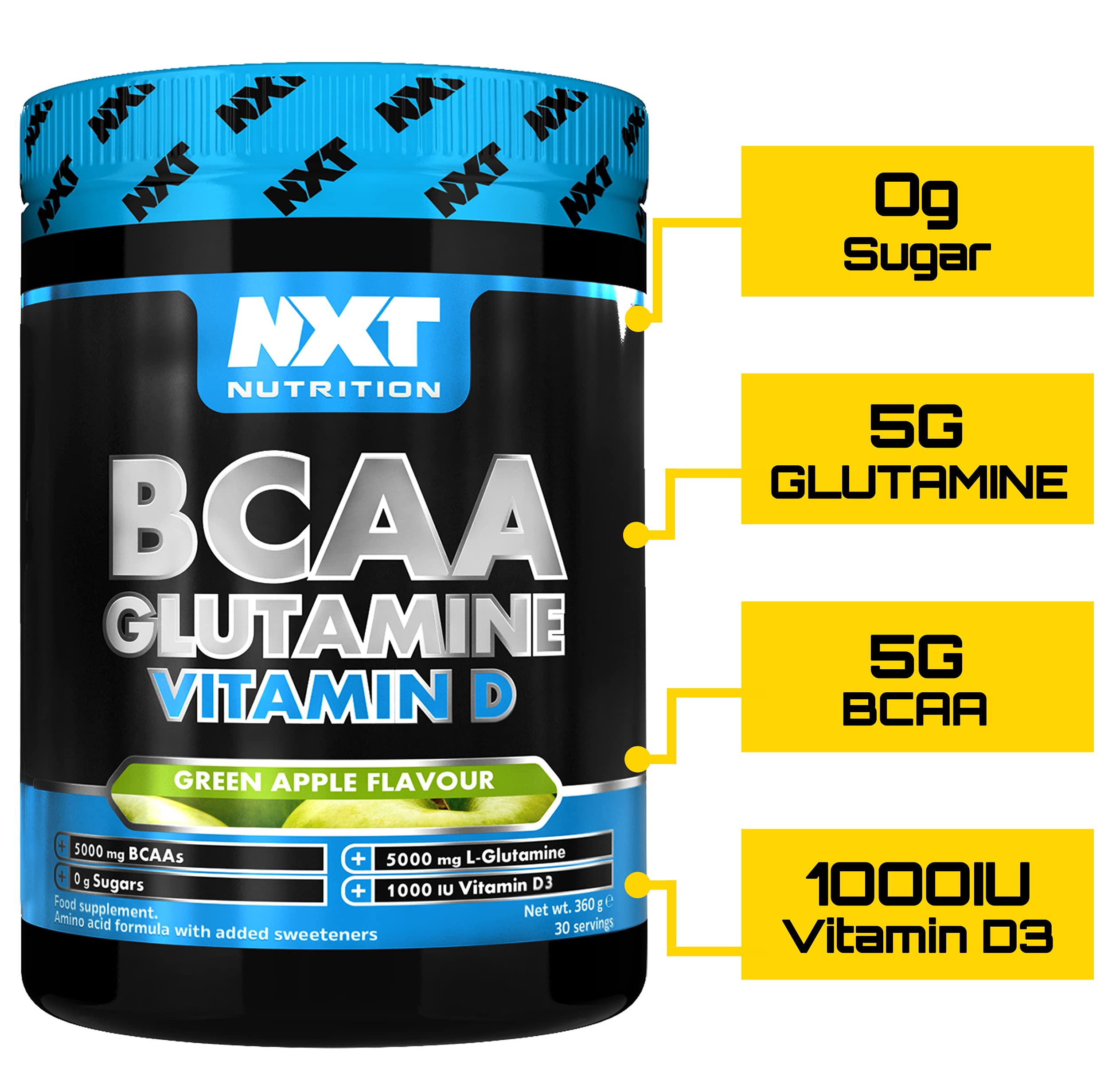 NXT Nutrition BCAA, Glutamina y Vitamina D | Aminoácidos BCAA con vitamina D3 y L-glutamina: para recuperación, salud intestinal y síntesis de proteínas musculares | 360 g - 30 porciones (manzana)