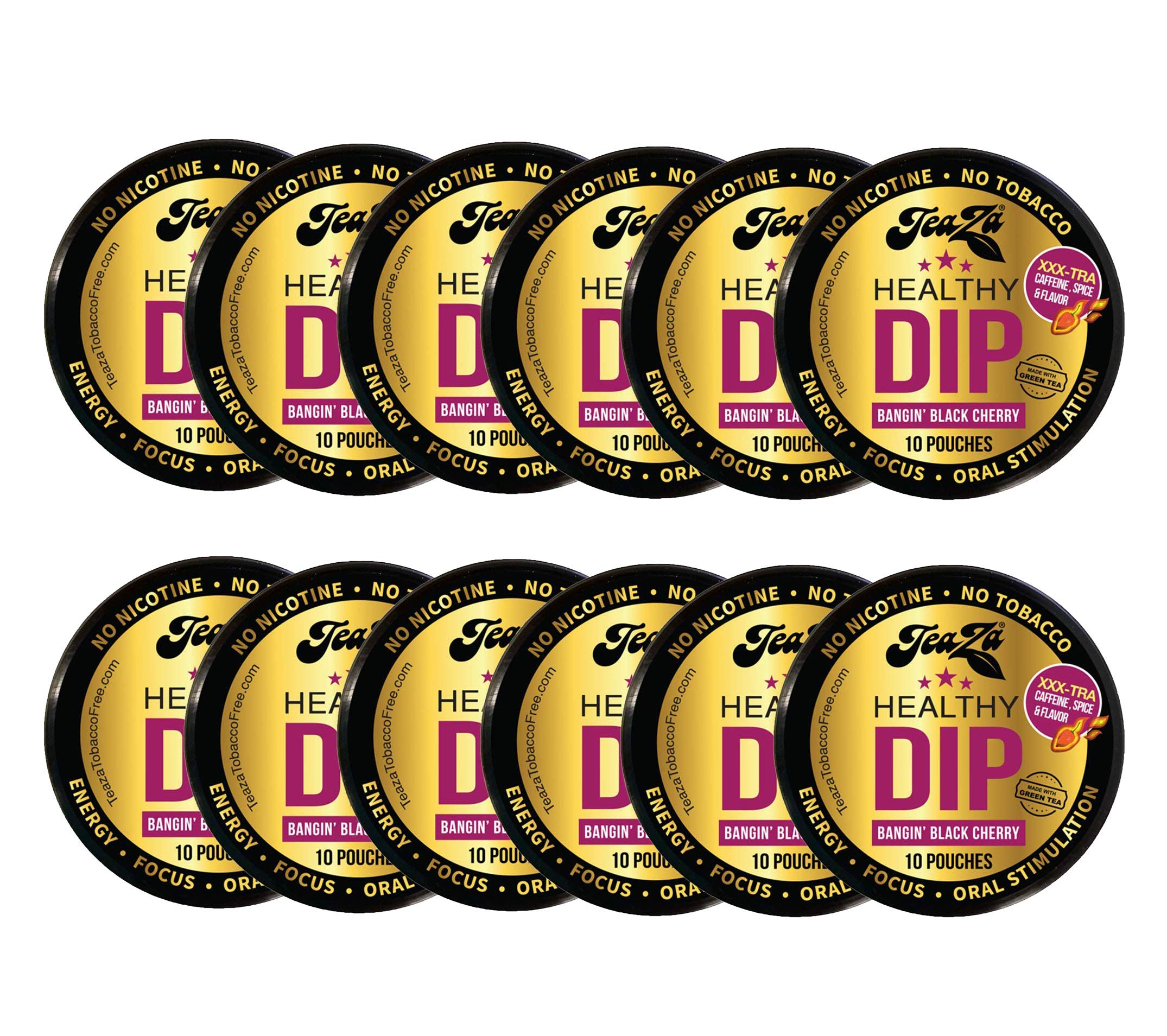 TeaZaEnergy Pouches, Smokeless Alternative Snuff Nicotine Free Tobacco Free & Healthy Dip Chewing Tobacco Alternative Have More Energy - Bangin' Black Cherry (12 Pack)