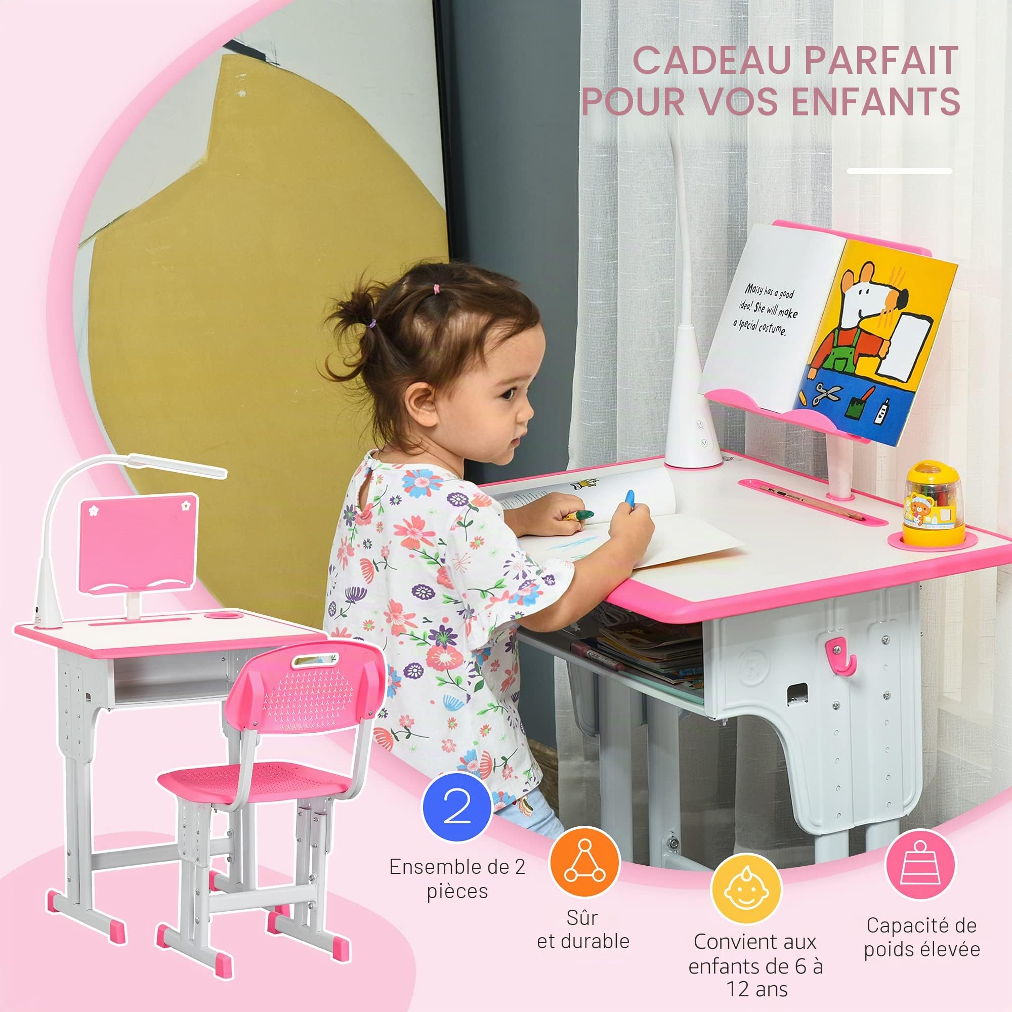 HOMCOM Ensemble Bureau Enfant réglable en Hauteur, Table d'étude, Rose