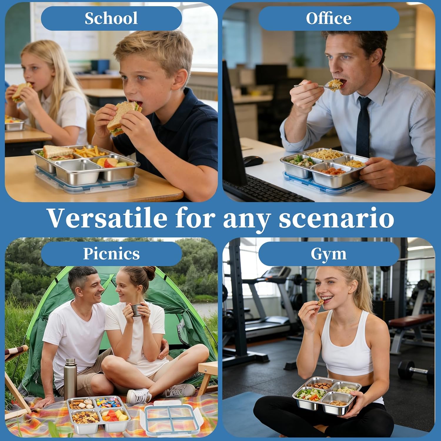 2 Pack Stainless Steel Snack Containers, Leakproof 4 Compartment Meal Prep Containers with Lids, Reusable Metal Bento Box for Adults Office Travel Gym Lunch Box for Work Dishwasher Safe - Image 8