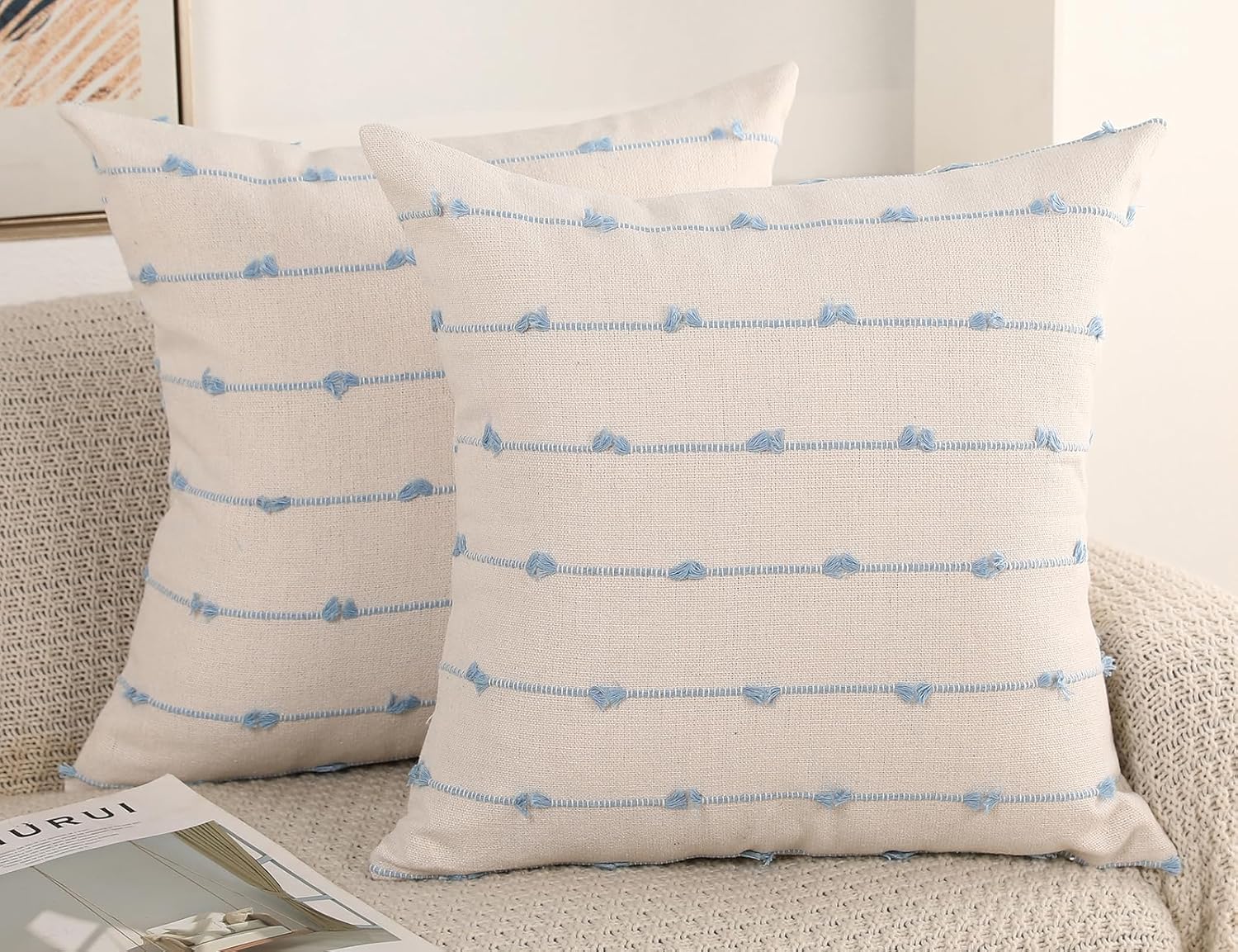 NUYECY Set of 2 Boho Throw Pillow Covers 24x24,Light Blue