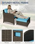 5-Piece Patio Conversation Set - Outdoor Rattan Furniture | Cushioned Chairs & Ottomans, Tempered Glass Table, All-Weather Wicker Sofa Set for Backyard, Balcony & Garden, Blue Cushions