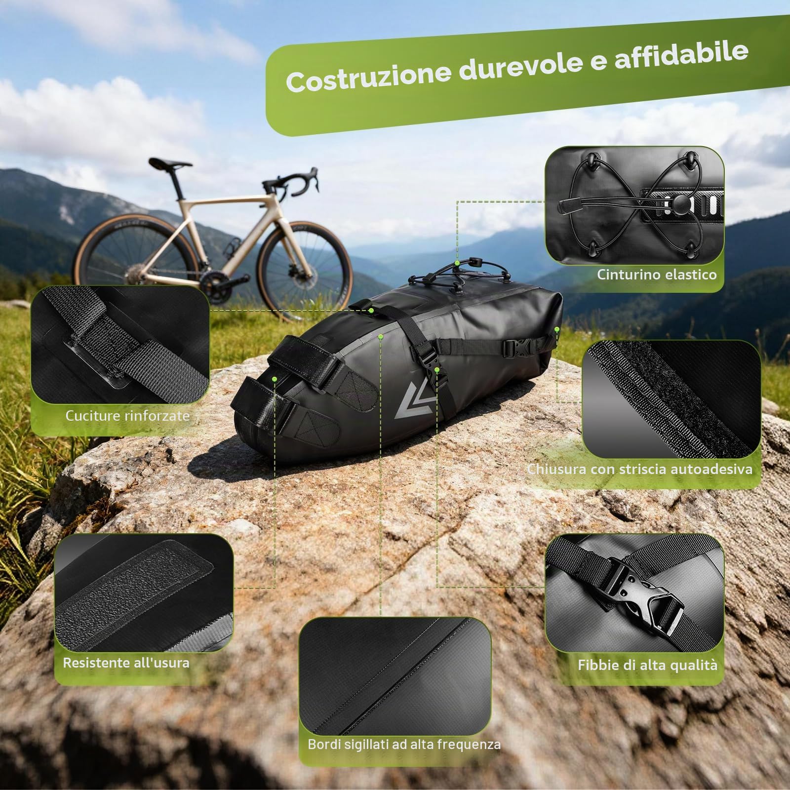 Jeebel Borsa da Sella Bici, Borse da Bicicletta Posteriori Laterali Borsa da Sottosella Impermeabile 10L Portaoggetti da Sella Leggero Per Ciclismo Bici Corsa MTB Mountain bike, Nero