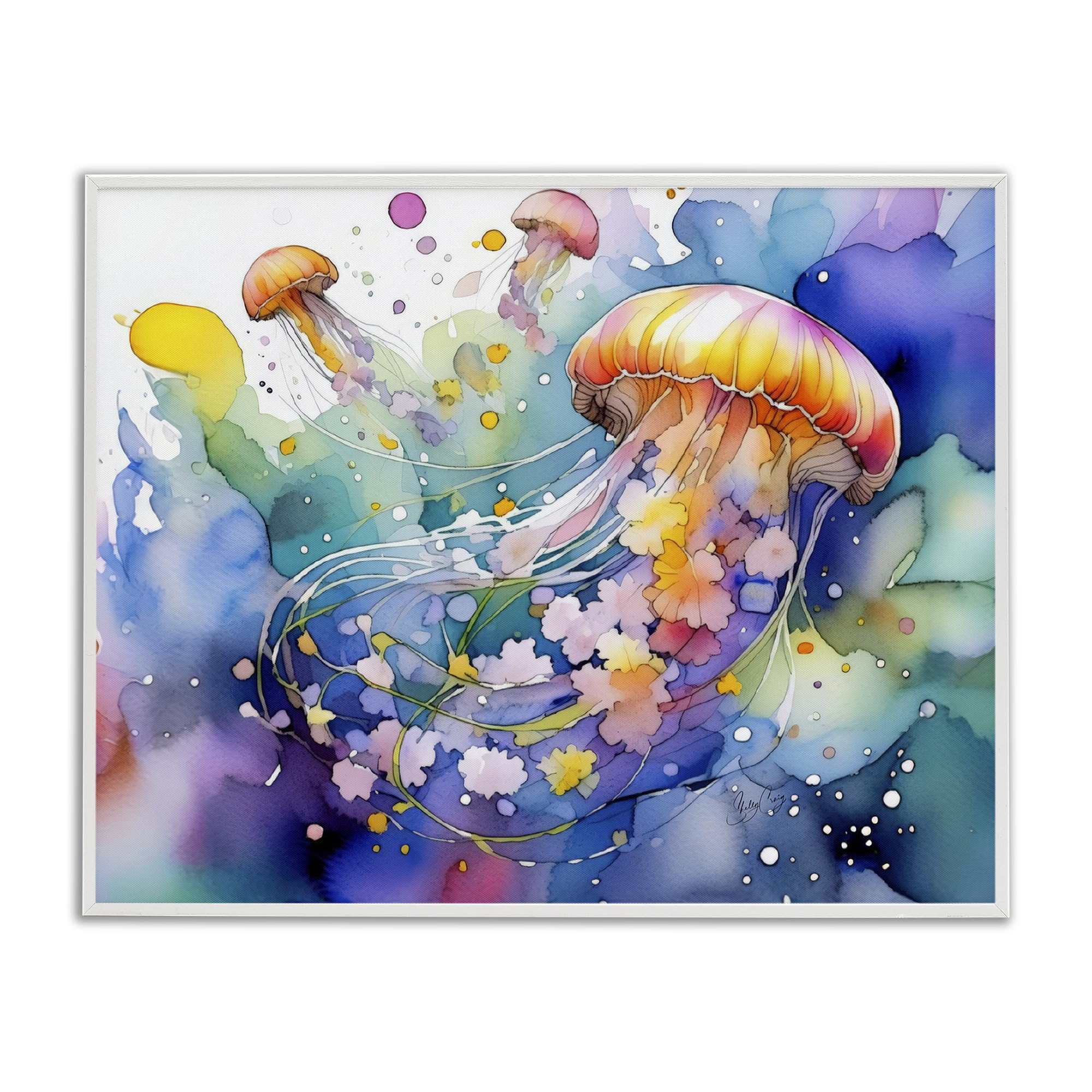 Stupell Industries 'Neon Jellyfish Underwater', Framed Giclee Art, White, 20 x 16 Inches, Easy to Hang and Sturdy, Made in USA, by Shelly Craig