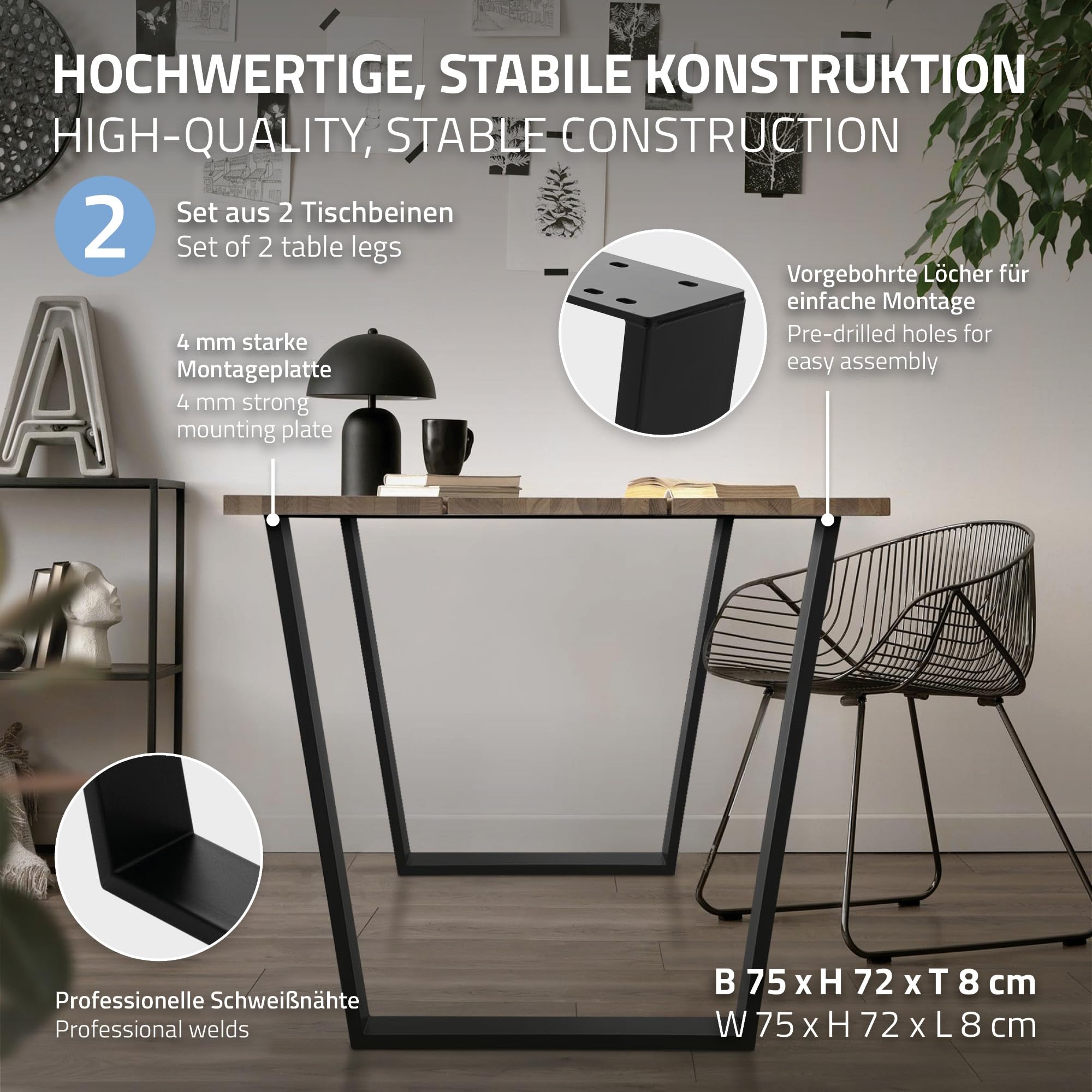 ML-Design Jeu 2X Pieds de Table Trapèze 75x72 cm, Noir, Forme de V, Profil 8x2 cm, Acier Laqué Époxy, Style Industriel, Incliné, Piétement Métal Table Salle à Manger, Patins pour Projets de Bricolage