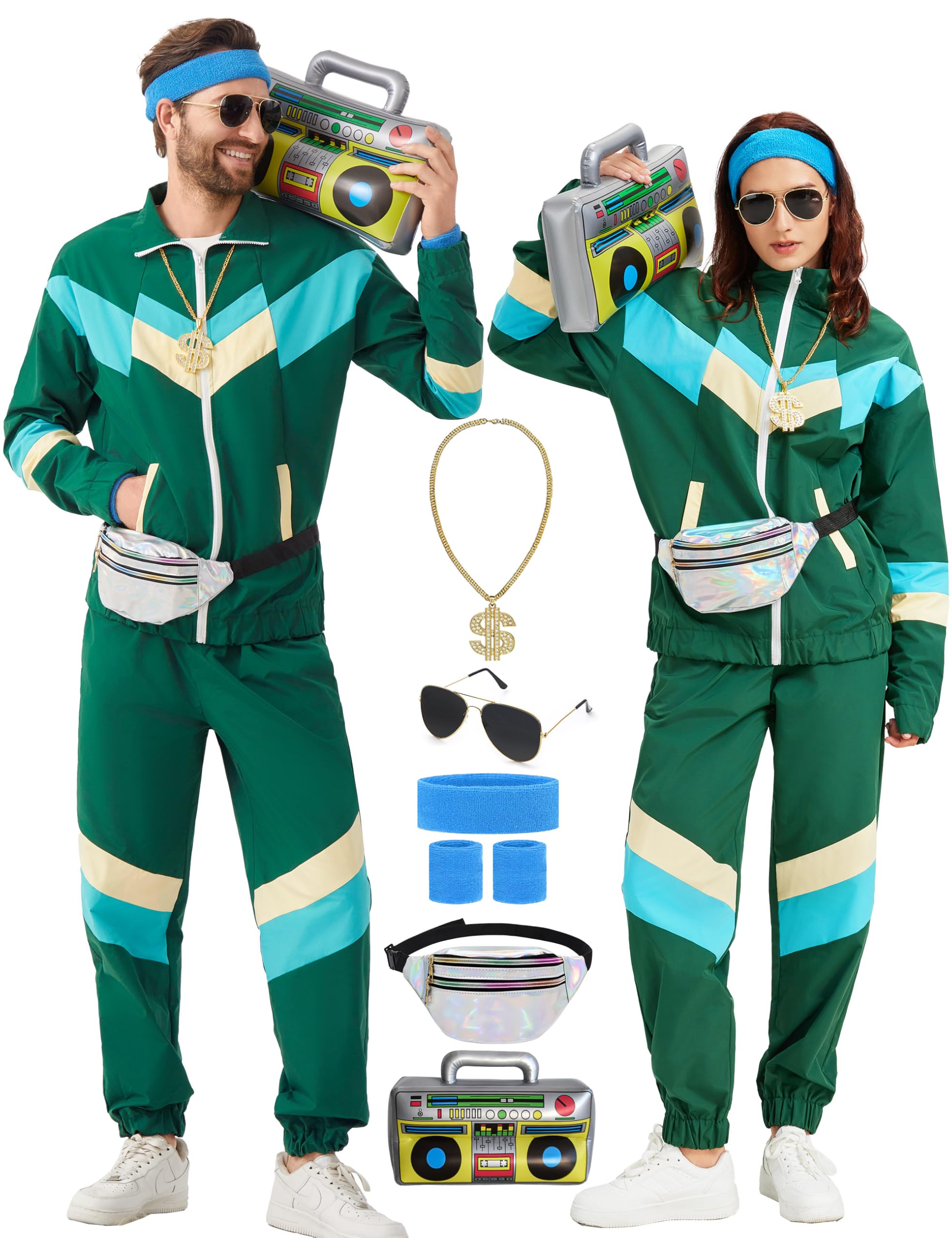 KUKIKUKI 80s 90s Outfit for Men and Women, 80s Tracksuit Sportswear, Tracksuit Jogging Suit Outfit for 80s Outfit Men's Costume, Green, XXL — image 1