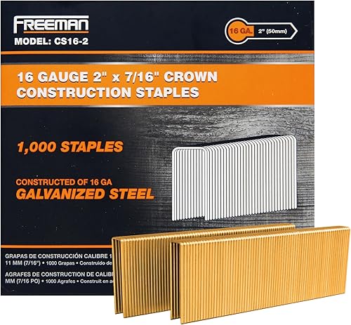 Freeman Grapas de construcción con pegamento de calibre 16 de 2 pulgadas con corona de 716 pulgadas, 1,000 unidades, galvanizadas, resistentes, 16