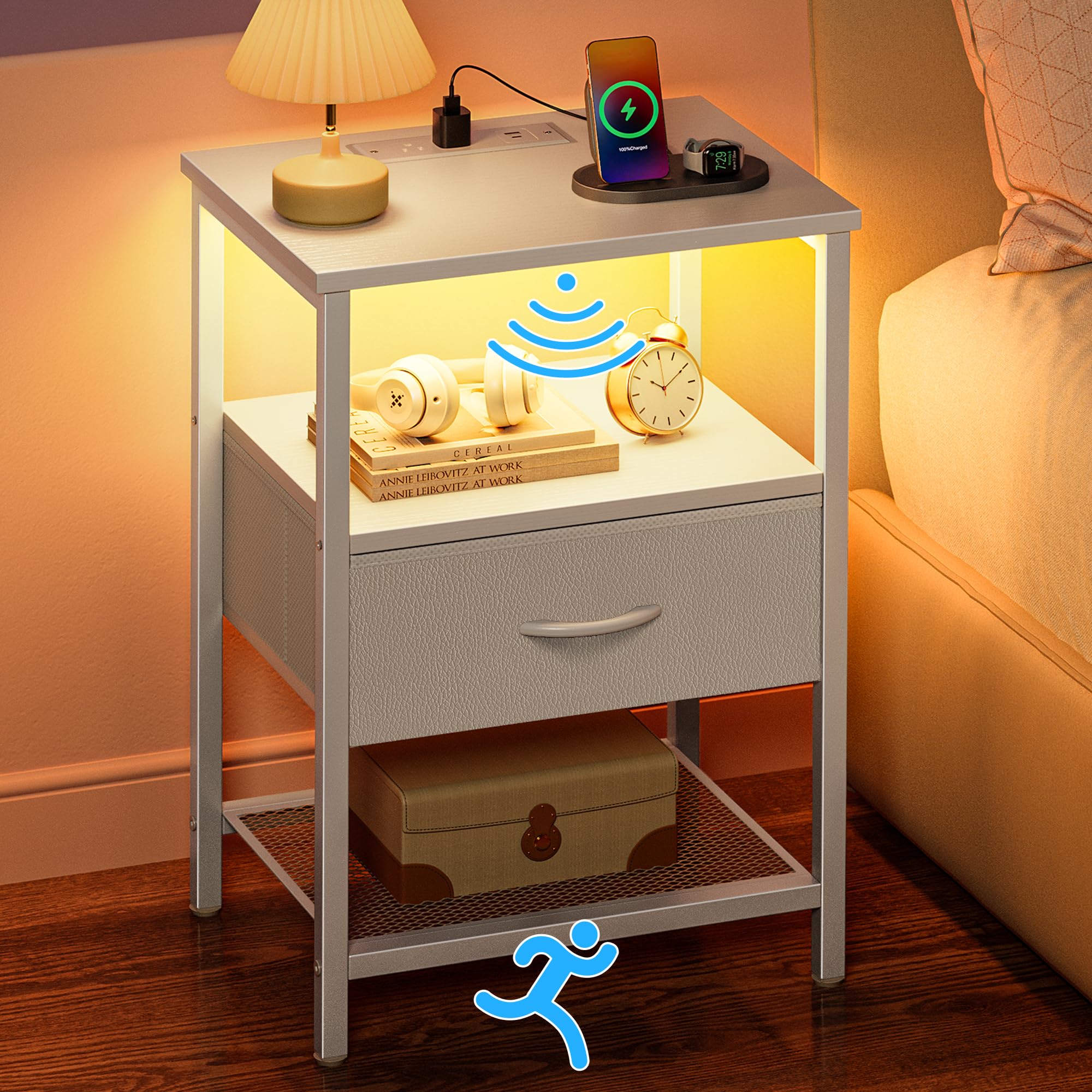 Amazon.com: Huuger Nightstand with Nightlight and Charging Station, LED ...