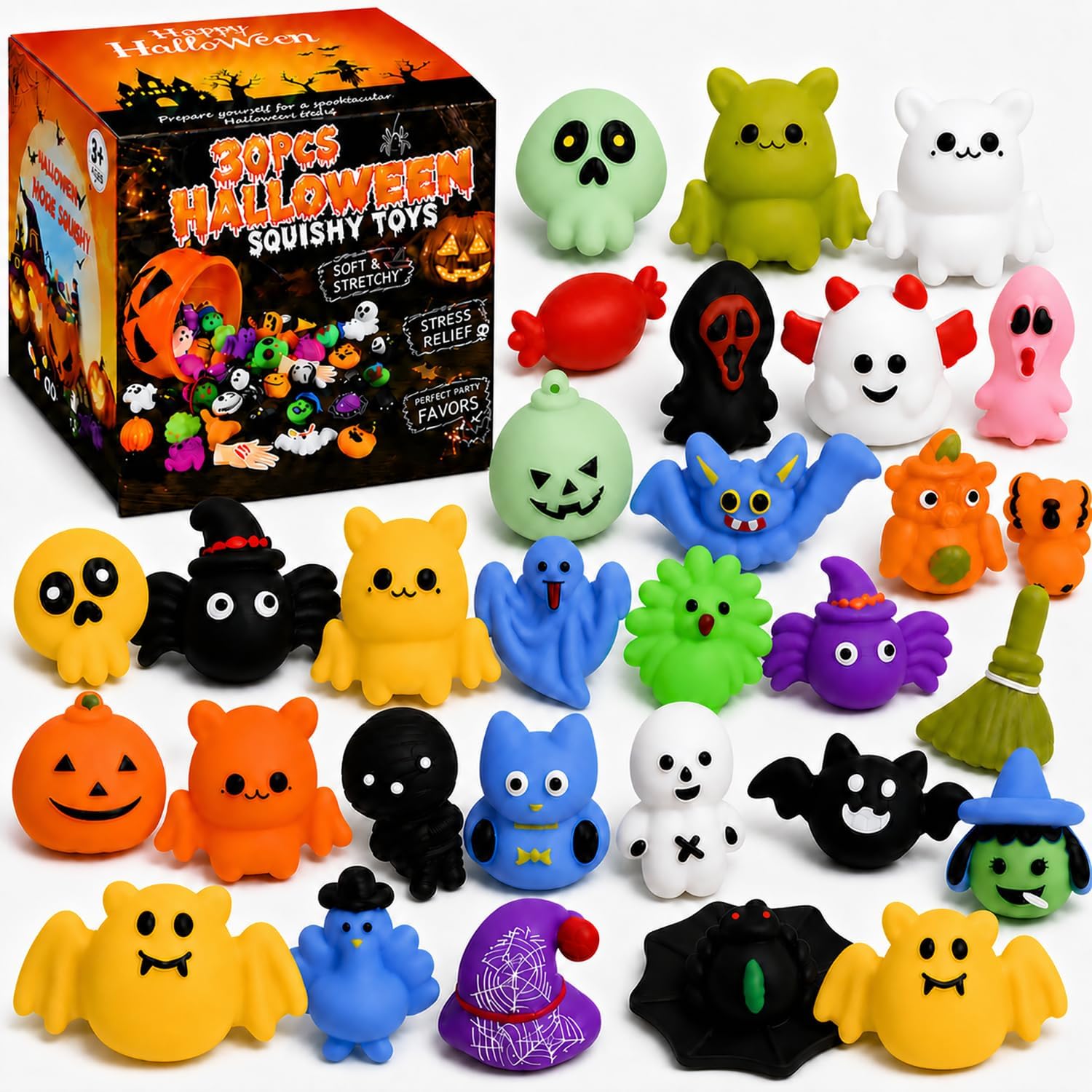 30 Pcs Halloween Mochi Squishy Toys, Party Favors for Kids,Treat Bags Gifts
