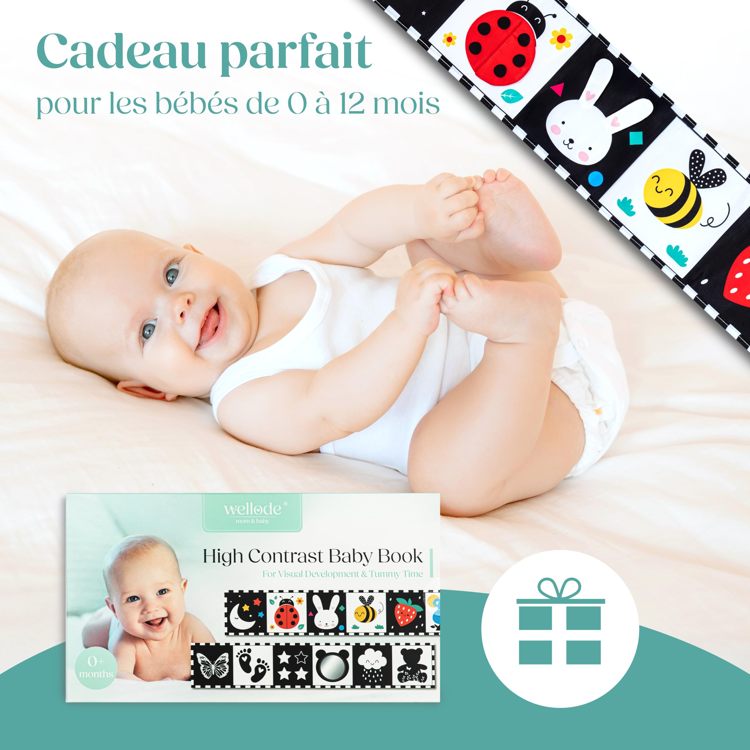 WELLODE Livre Tissu Bébé Eveil 0 3 6 12 Mois - Livre Noir et Blanc Bébé Montessori - Livre Sensoriel Bébé Naissance - Jeux Eveil Bebe 0 3 6 Mois - Tummy Time Bébé - Cadeau Parfait pour Bébé