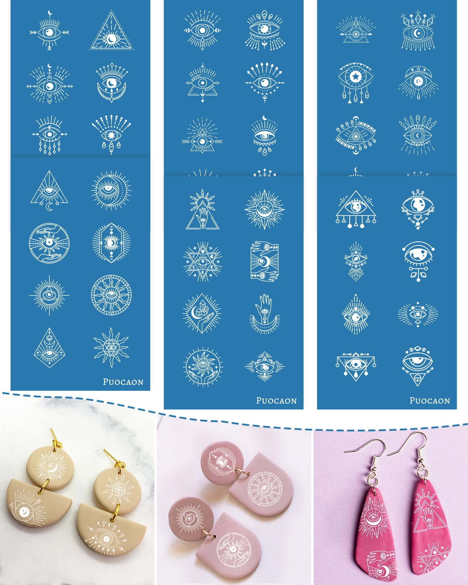 PuocaonSilk Screen Stencils for Polymer Clay, 6 Pcs Boho Evil Eye Silk Screen for Polymer Clay Jewelry, Mysterious Polymer Clay Tools for Jewelry Making, Unique Polymer Jewelry Making Supplies