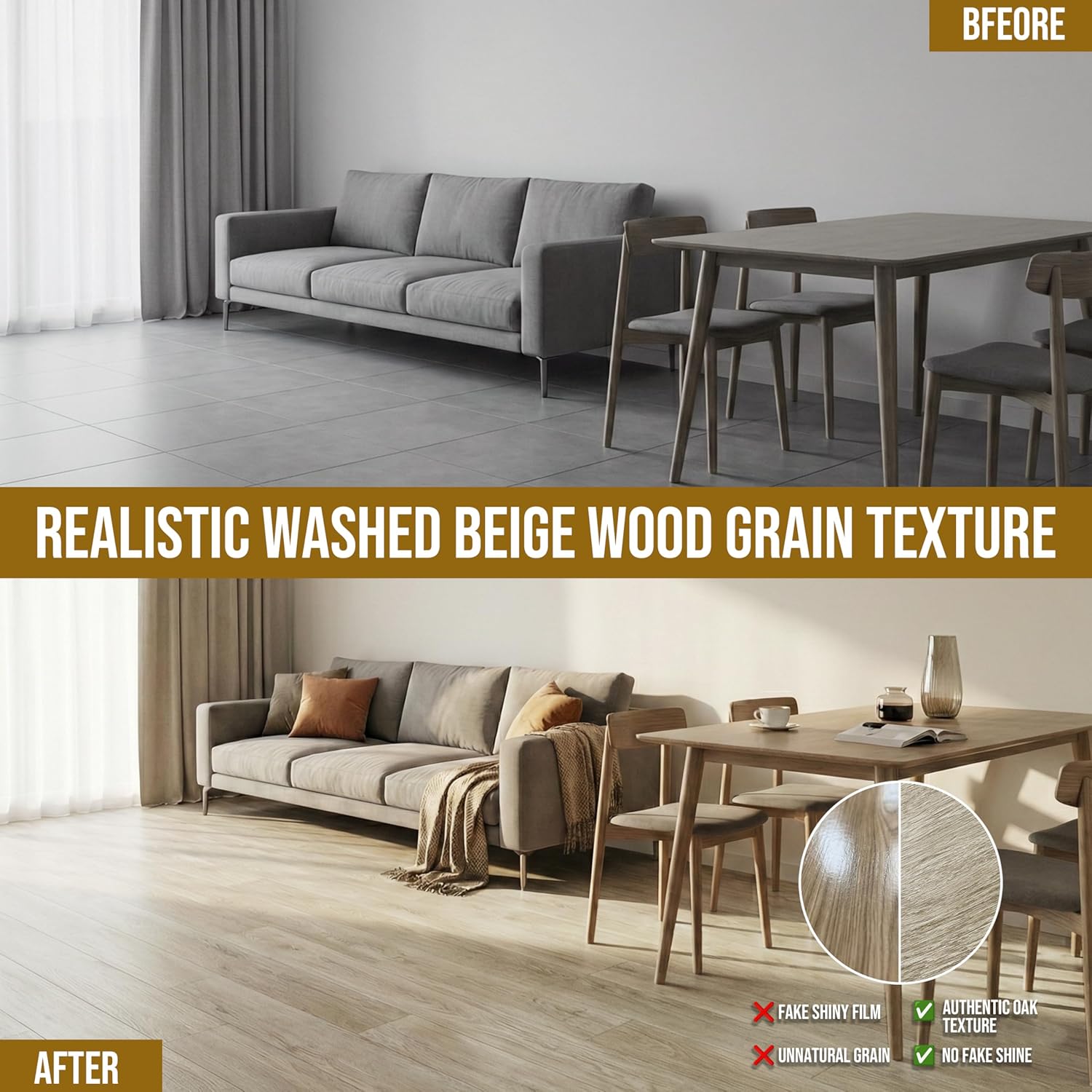 Waterproof Peel and Stick Floor Tile, 54 Sq.Ft Washed Beige Vinyl Wood Flooring, Easy DIY-Install & Durable for Kitchen, Bedroom, Bathroom, RVs, Rental-Friendly (36-Planks 6"x36")