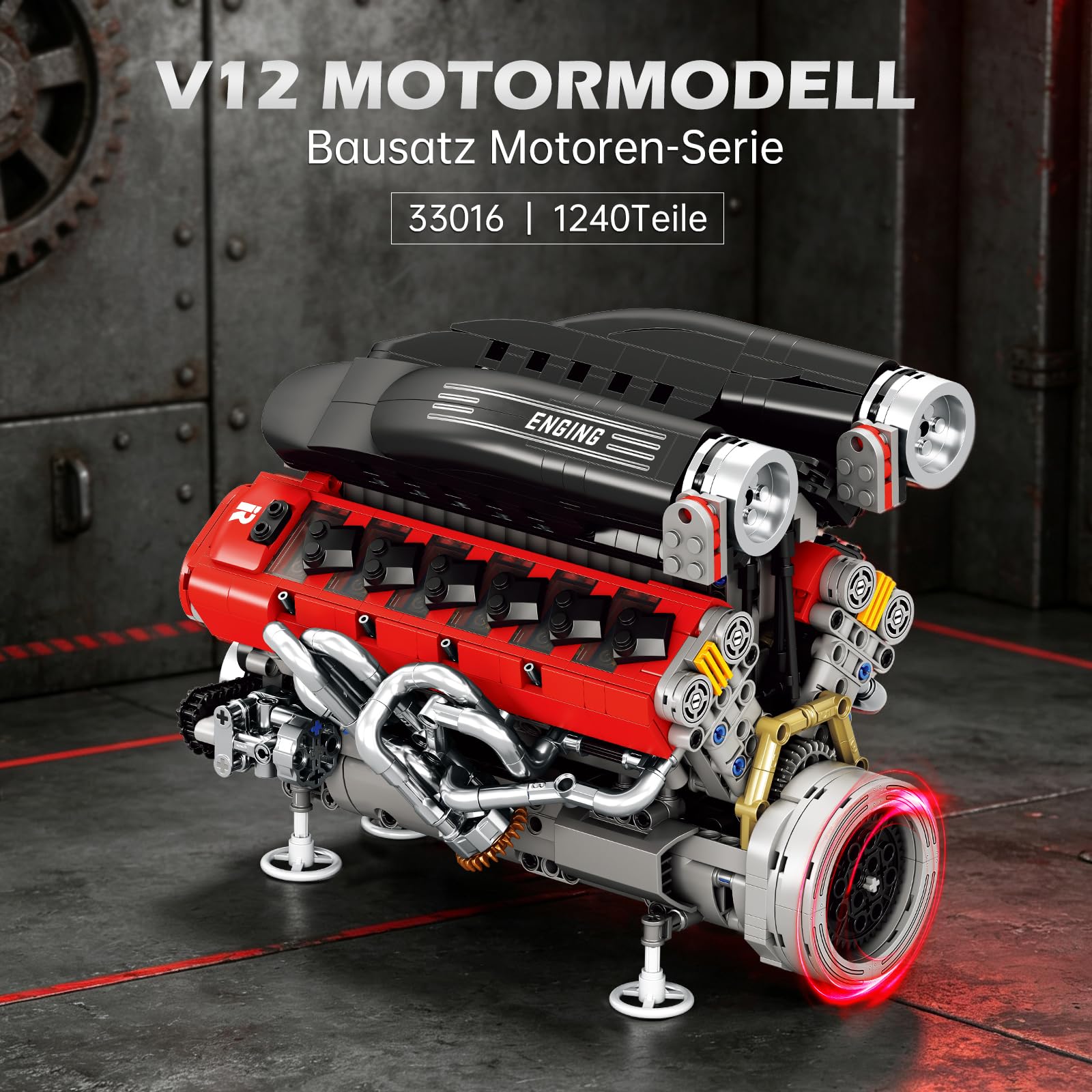 Reobrix Technik V12 Motor Bausatz 33016 Benzinmotor Modell Klemmbausteine | Modell Eines 65°V-Motors, Mechanisches Modell aus Bausteinen, Hochwertiges Sammlerstück für Erwachsene, 1240 Bausteine