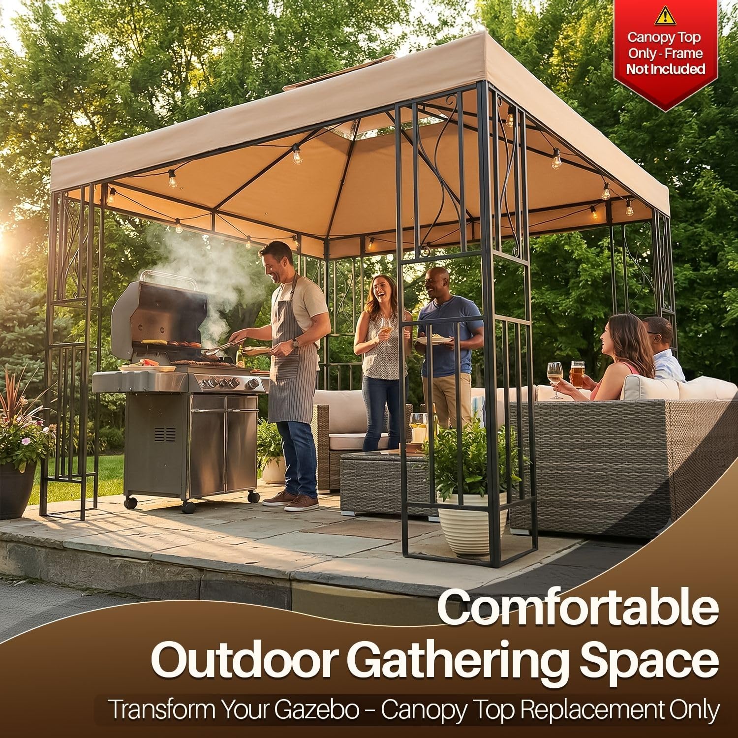 Flexzion Copertura di ricambio impermeabile per gazebo, 12 x 12 (3,6 m x 3,6 m), copertura per gazebo da esterno, doppio strato UV30, per tettoie, giardino, patio, tenda da cortile (beige)
