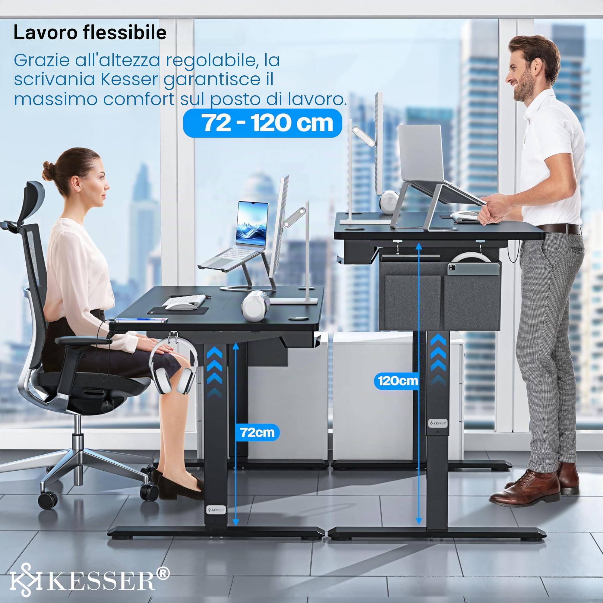 KESSER® Scrivania elettrica regolabile in altezza, Scrivania ergonomica per postura eretta, Controllo di memoria a 3 funzioni, incl. Ruote a 360° e Porta di ricarica USB, 100x60 cm - Nero