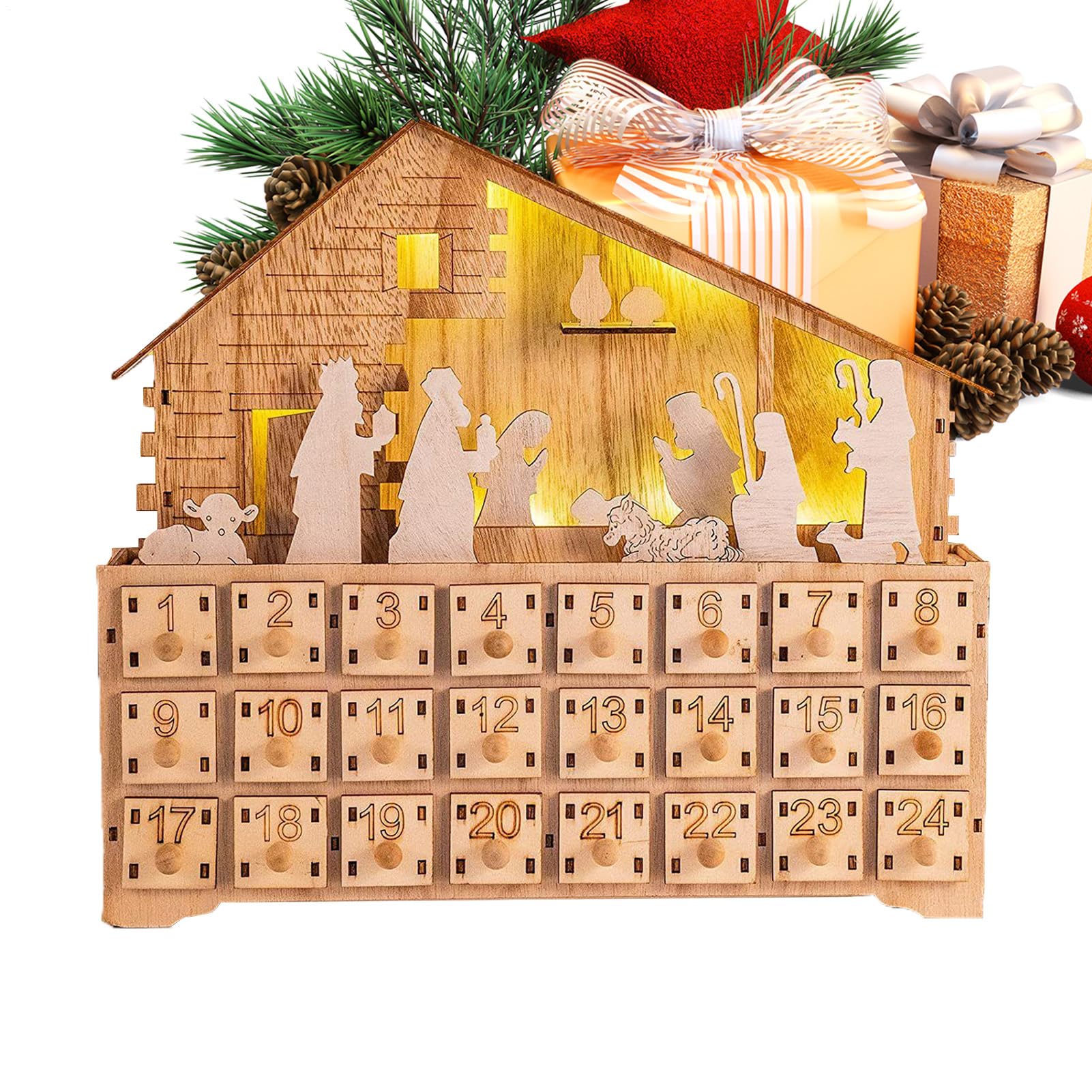 Casetta per presepe in legno, decorazione per 24 giorni