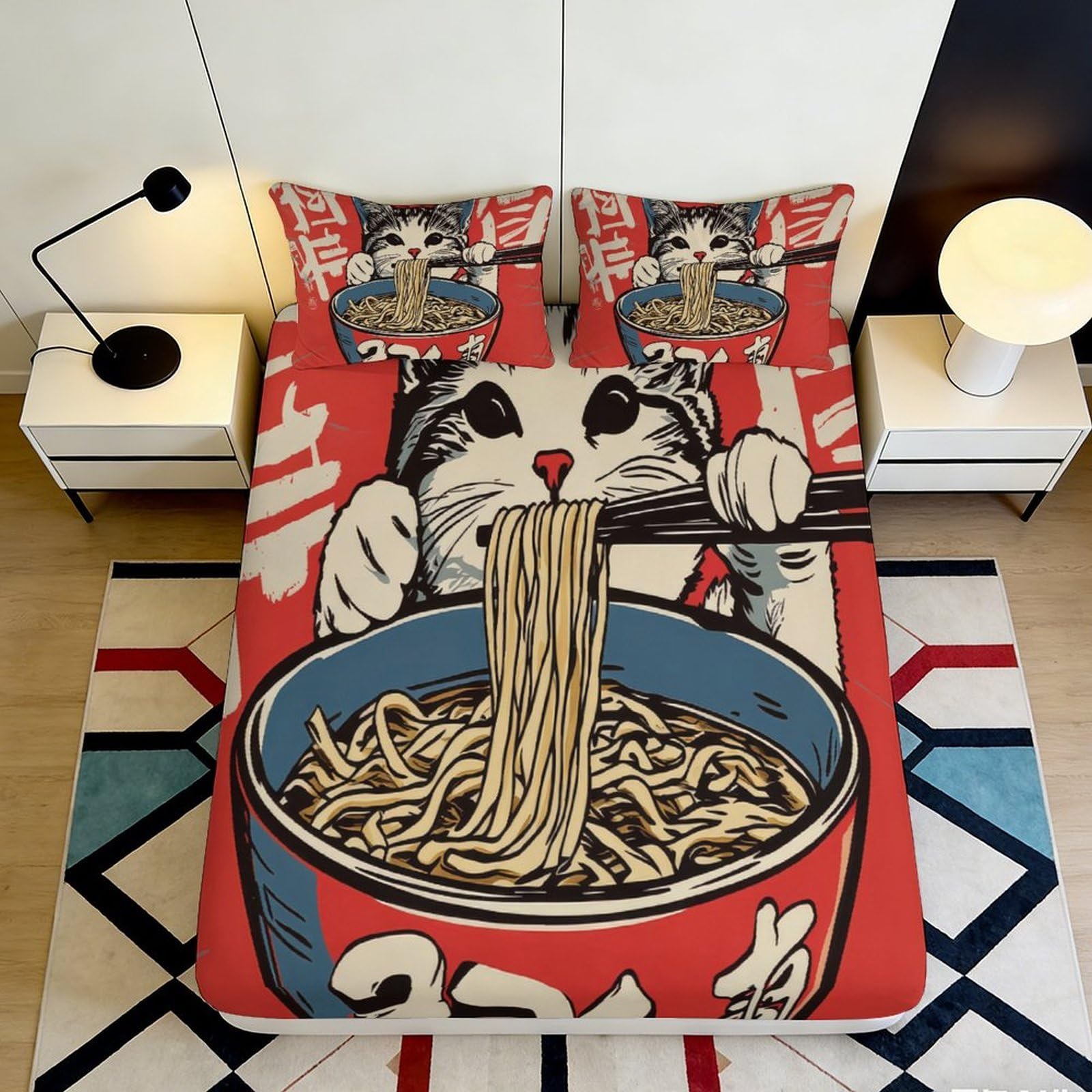 3D Printed Cat Ramen Bowl Fitted Sheet Microfiber Anti-Slip Noodle Cartoon Mattress Cover for Bedroom Dorm Decor 120x200cm 160x200x25cm