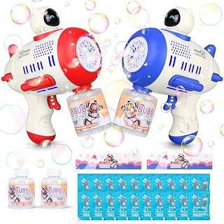 2 Pack Bubble Guns Machine for Toddler, 12 Hole Bubble Maker Automatic Bubble Blower with 20 Bubble Solution, Leak-Proof Design Space Bubble Blaster for Birthday Party Summer Outdoor Toys for Kids