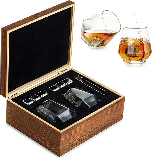 Glasseam Men Whiskey Glasses Gift Sets Vintage Whisky Stones Diamond Wiskey Glass Tumblers Wooden Box Present for Dad Grandad Him Husband Fathers Day Birthday Christmas Valentines Retirement Wedding