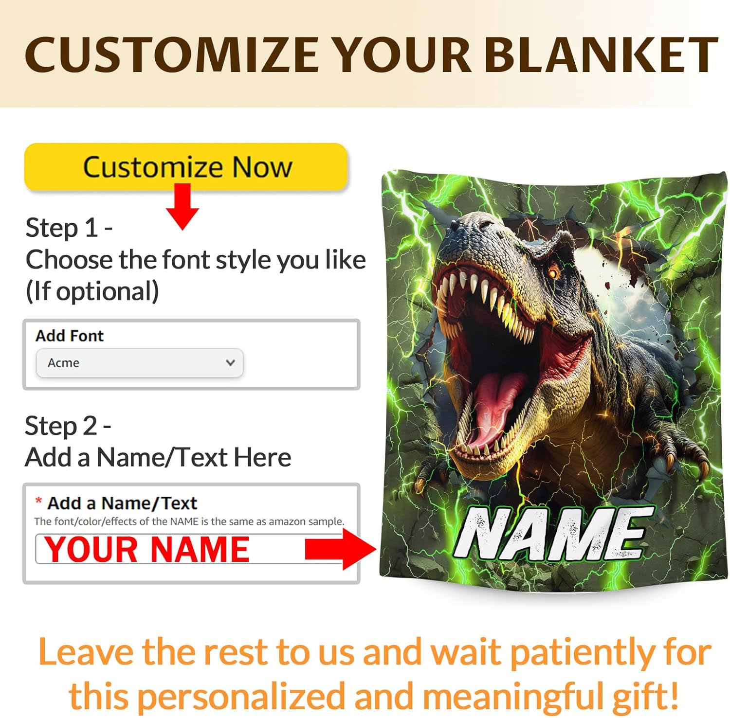 Boys Blanket Gifts for Kids Dinosaur Lovers, Personalized 50x60 Inches Cozy Comfort Lightning Dinosaur Blankets Throws with Name for Bed Couch Living Room