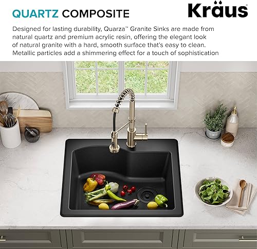 Miniatura 5 de KRAUS KGD-441 Quarza - Fregadero de cocina de granito de doble montaje de 25 pulgadas, color negro