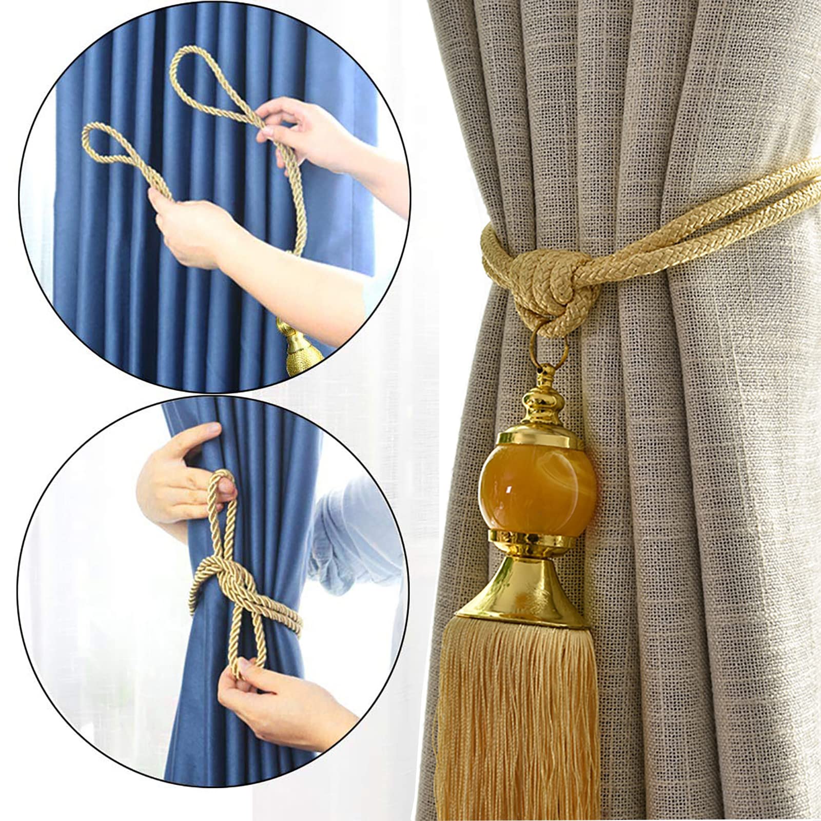 2 Abrazaderas Magnéticas Para Cortinas Con Borlas Doradas - Sujetadores Decorativos Para Salón, Dormitorio U Oficina