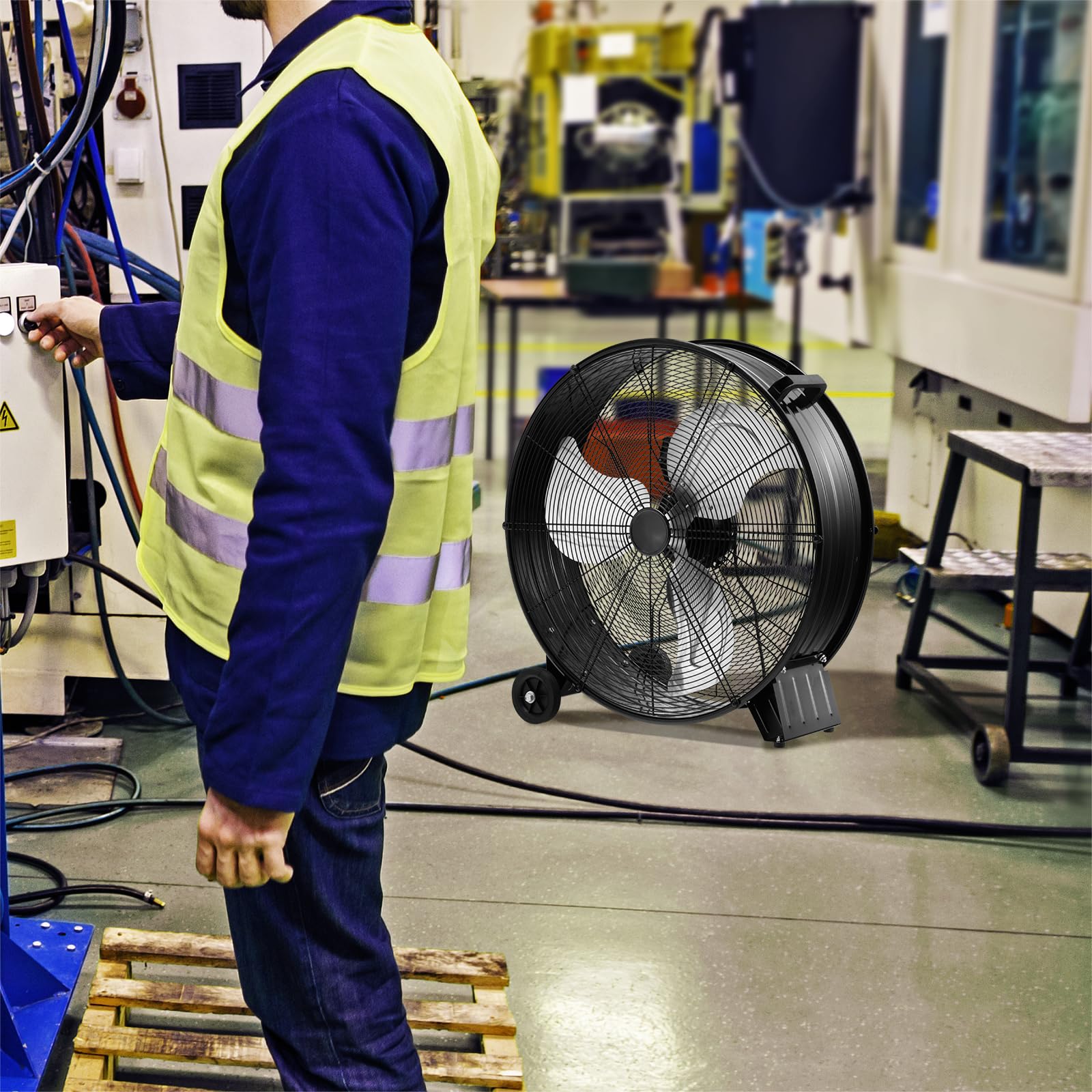 SOARS Ø60 cm Bodenventilator mit Rollen, Mobile Windmaschine mit 3 Windgeschwindigkeiten, Ventilator Metall Industriell, Standventilator für Lager, Werkstatt, Keller (Schwarz)