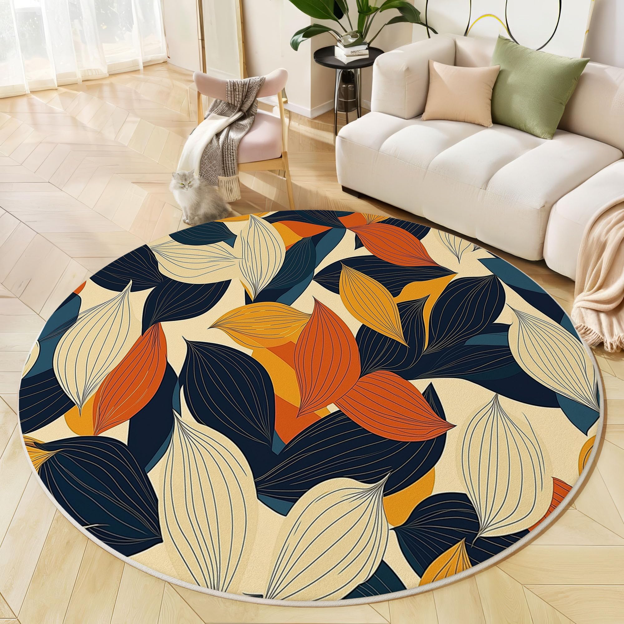 Tapis rond antidérapant 100cm jaune moutarde lavable à poil court pour salon