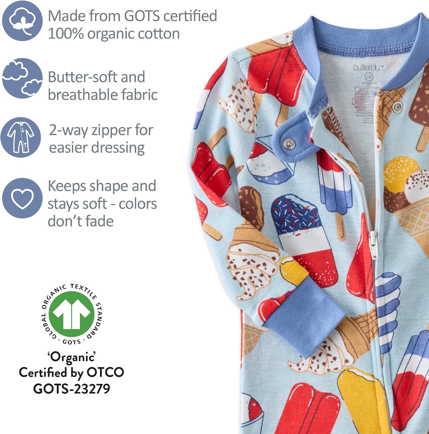 Butterblu Shawn Snug-fit Footless Baby Pajamas One-Piece 100% Organic Cotton Zip Front Sleeper PJs for Baby Boys & Girls​
