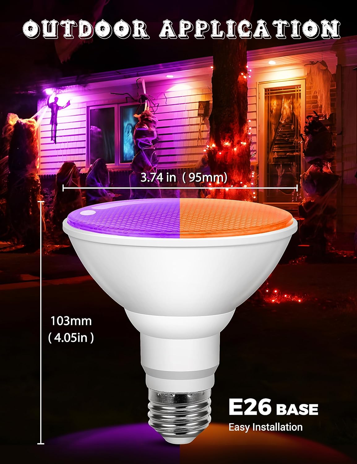 JandCase Orange and Purple Halloween Light Bulbs Outdoor, LED PAR30 Flood Lights 12W(100W Equivalent), E26 Colored Light Bulbs for Porch Lighting, Party Decor, Courtyard, Not-Dimmable, 2 Pack
